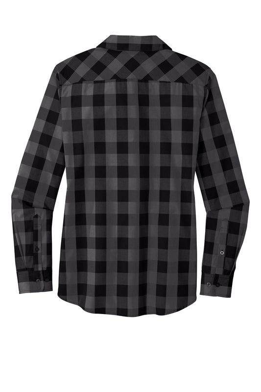 Rear View of Black Port Authority Women's Everyday Plaid Shirt. LW670