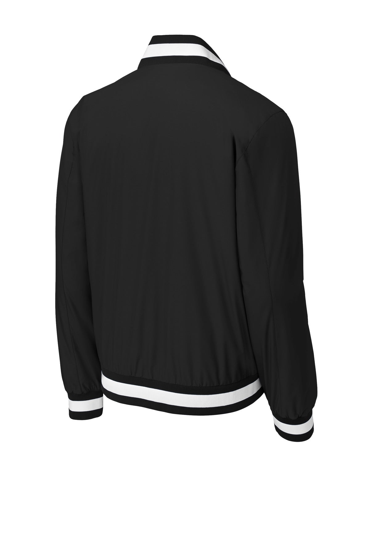 Rear View of Black Sport-Tek Insulated Varsity Jacket JST58
