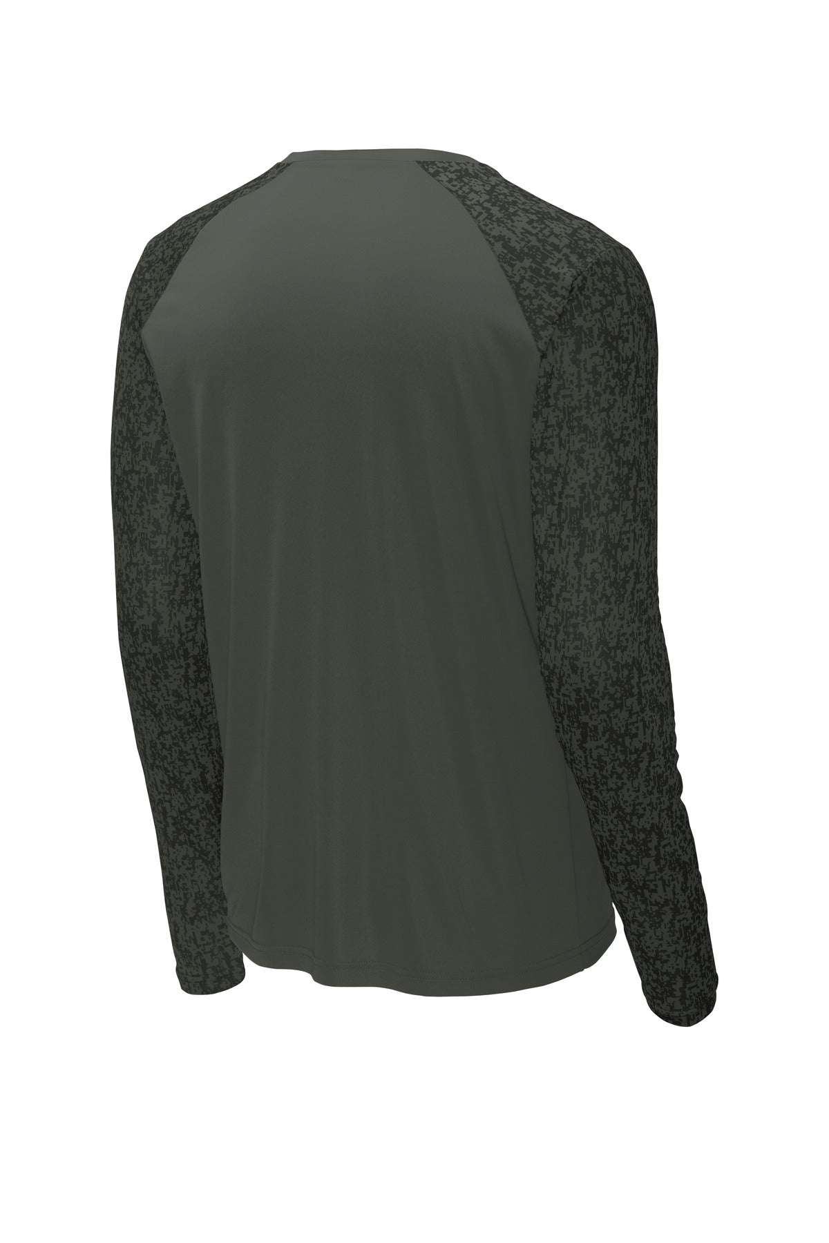 Rear View of Black Sport-Tek Long Sleeve Digi Camo Tee. ST460LS