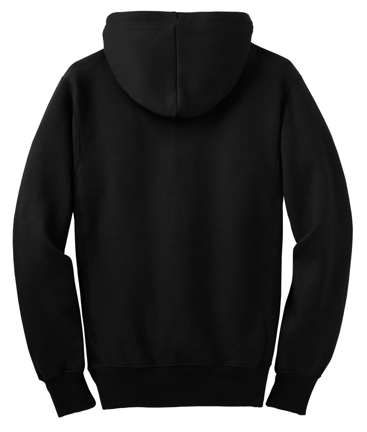 Rear View of Black Sport-Tek Super Heavyweight Full-Zip Hooded Sweatshirt. F282
