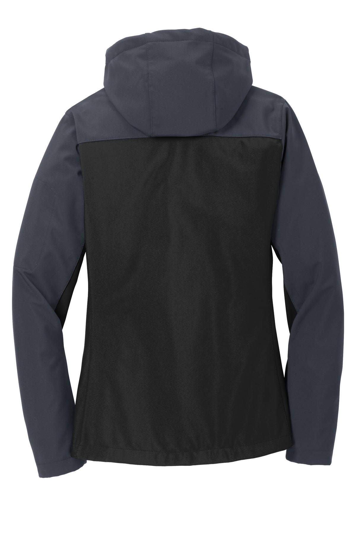 Rear View of Black/Batl Gry Port Authority Women's Hooded Core Soft Shell Jacket. L335