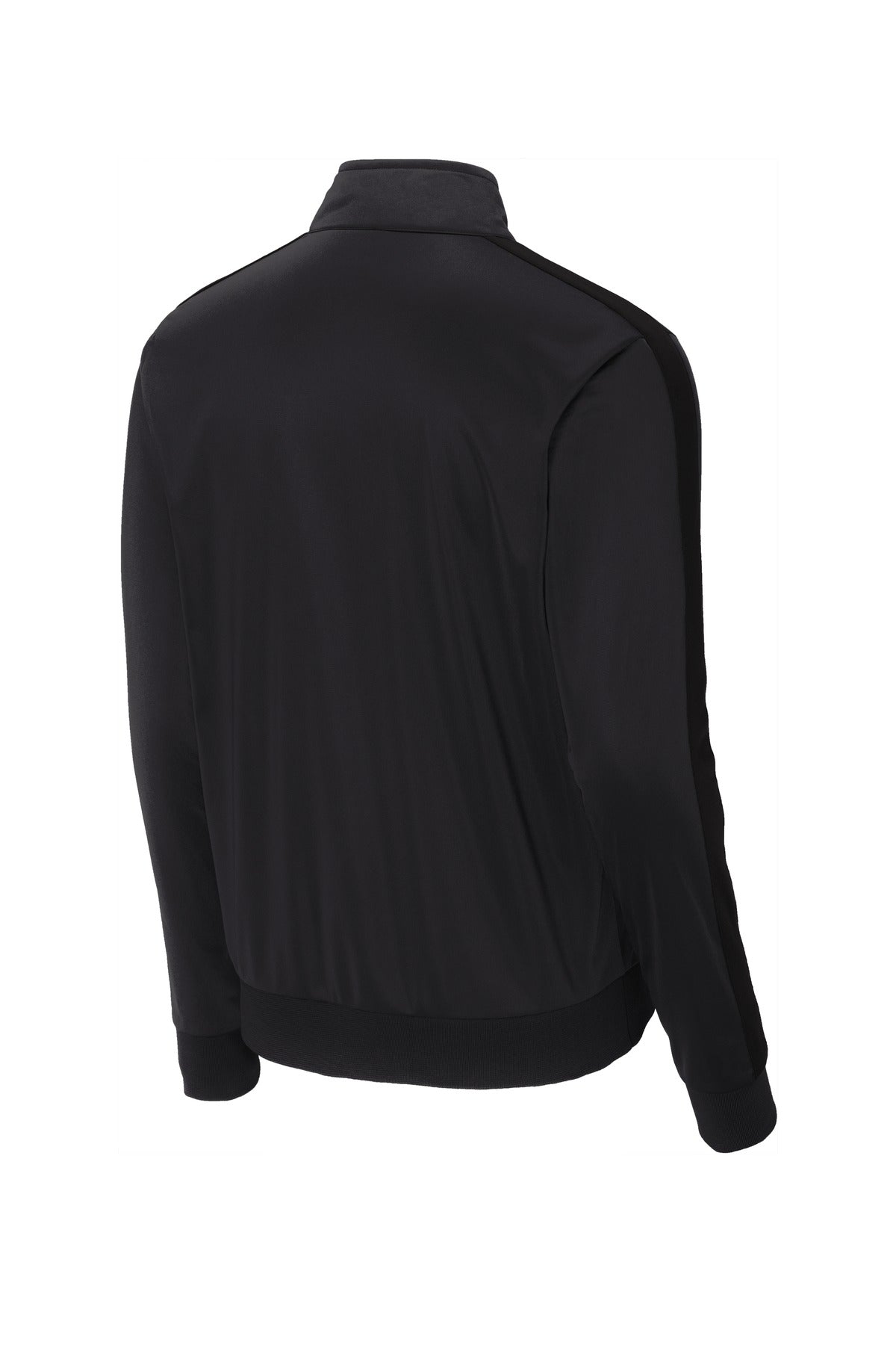 Rear View of Black/Black Sport-Tek Tricot Sleeve Stripe Track Jacket. JST94