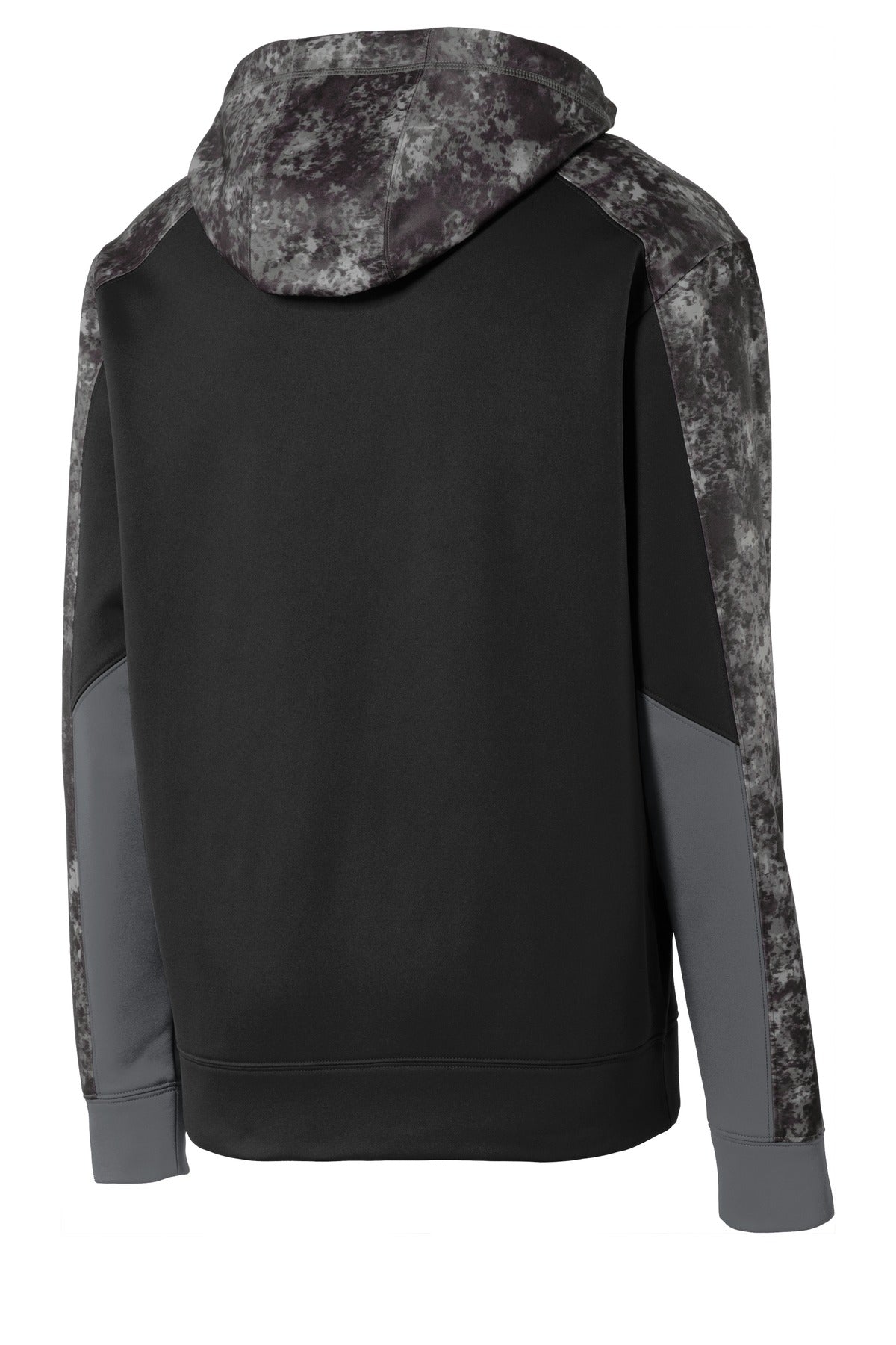 Rear View of Black/Black Sport-Tek Youth Sport-Wick Mineral Freeze Fleece Colorblock Hooded Pullover. YST231