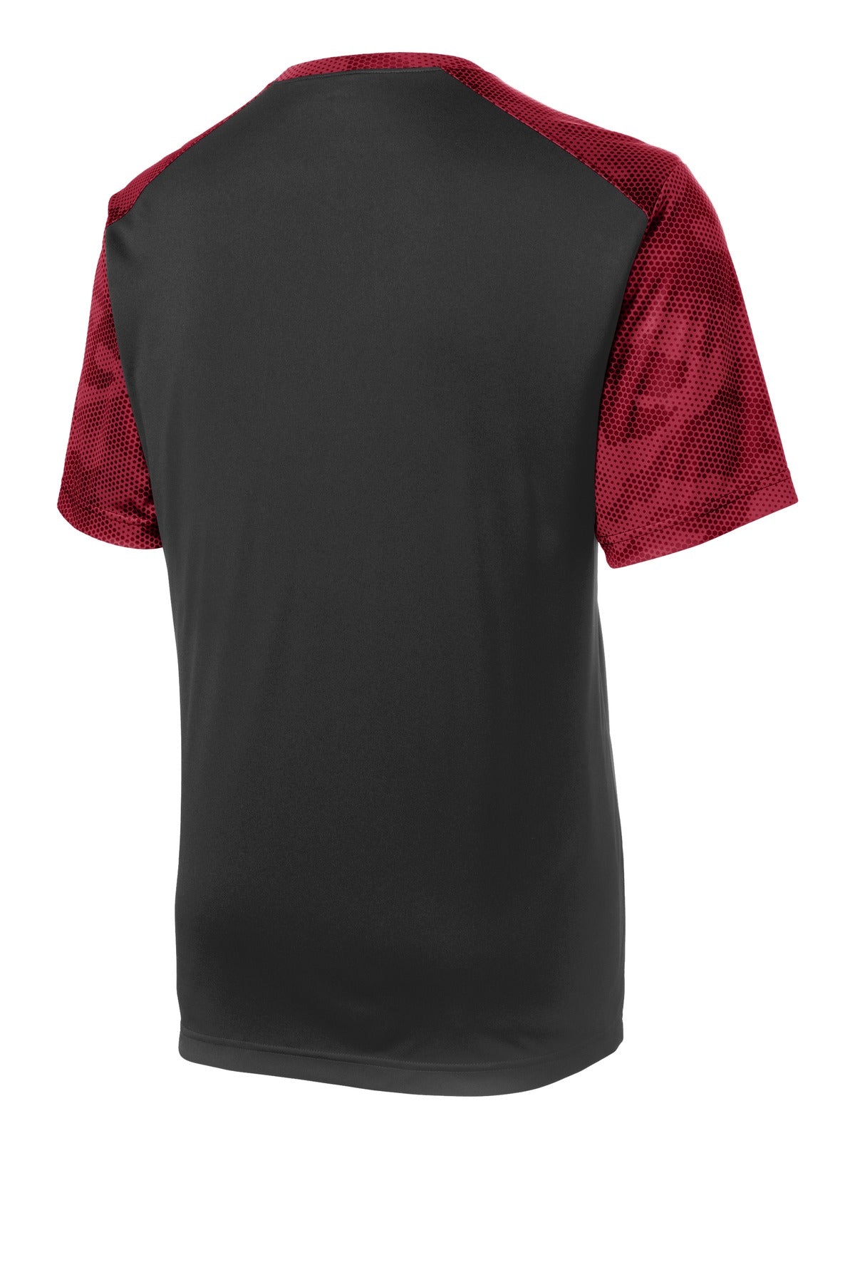 Rear View of Black/Deep Red Sport-Tek CamoHex Colorblock Tee. ST371