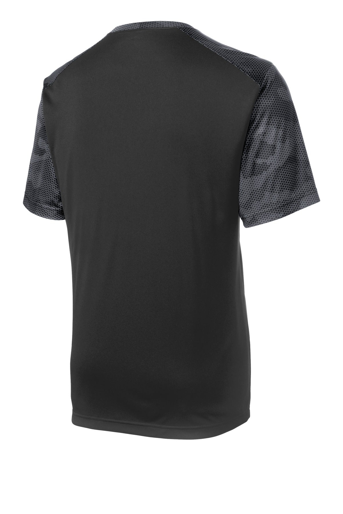 Rear View of Black/Iron Gry Sport-Tek CamoHex Colorblock Tee. ST371