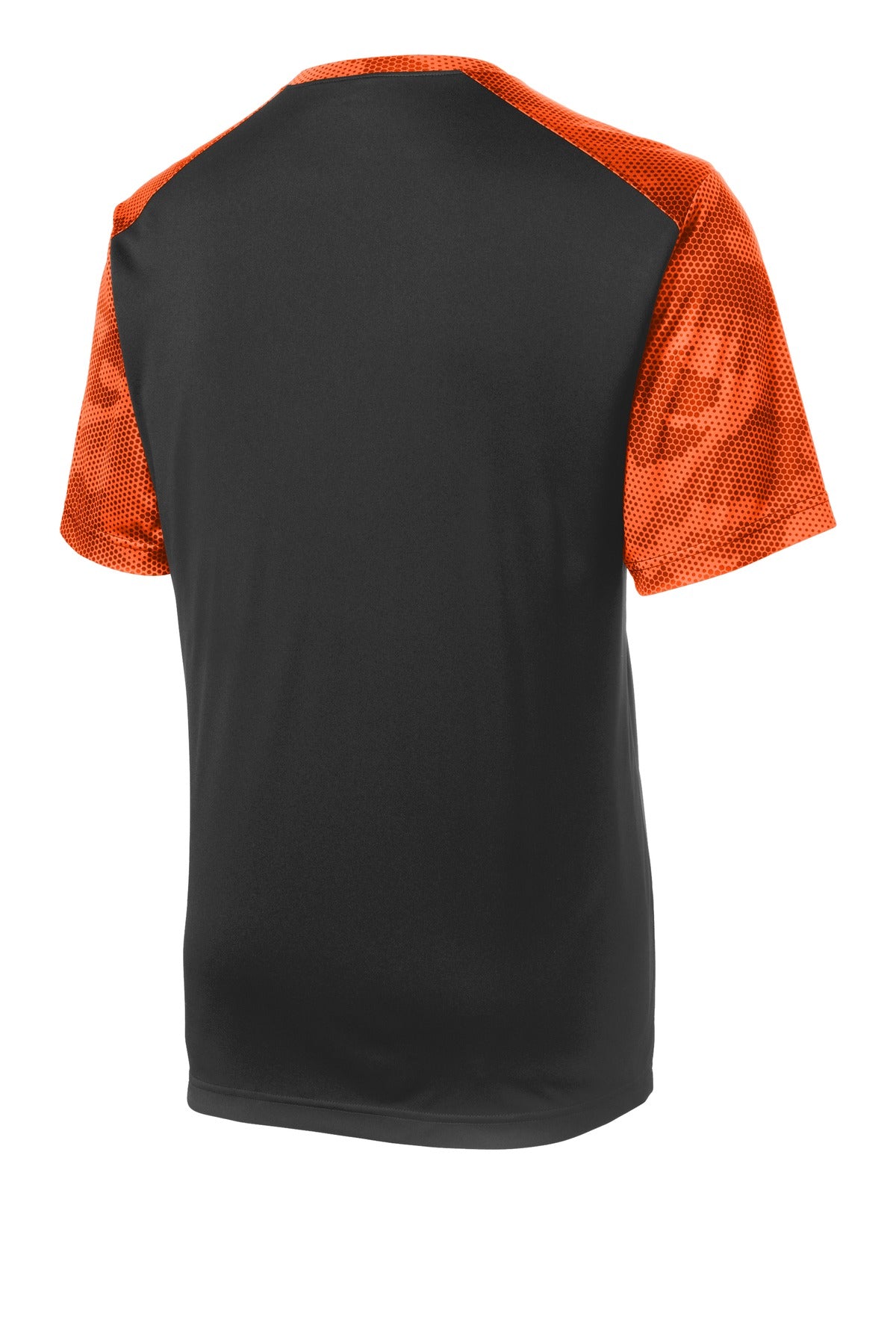 Rear View of Black/Neon Org Sport-Tek CamoHex Colorblock Tee. ST371