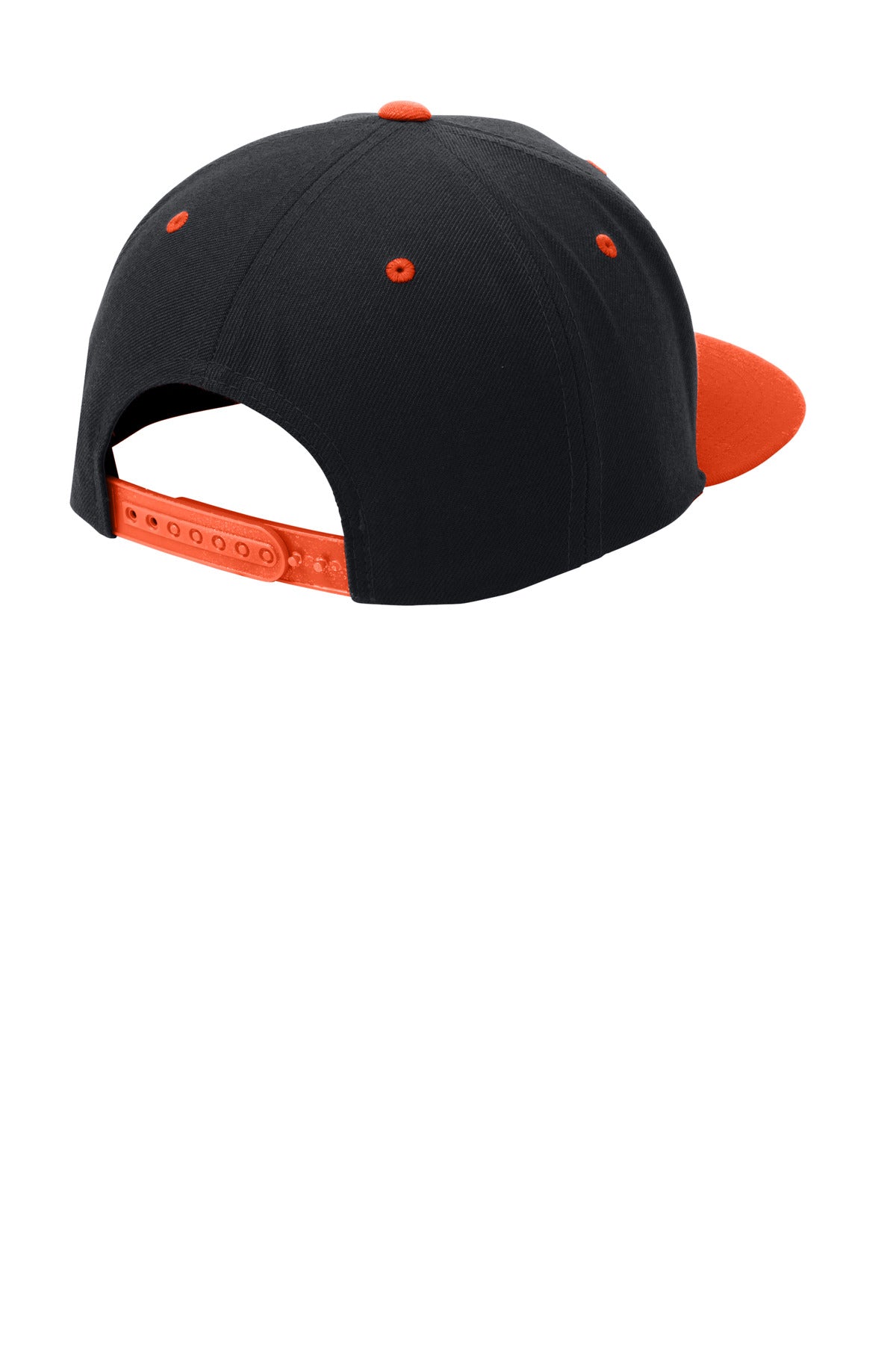 Rear View of Black/Orange Sport-Tek YP Classics Flat Bill Snapback Cap. STC19
