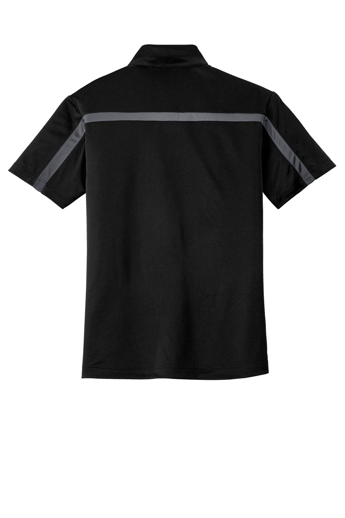 Rear View of Black/Steel Gy Port Authority Silk Touch Performance Colorblock Stripe Polo. K547