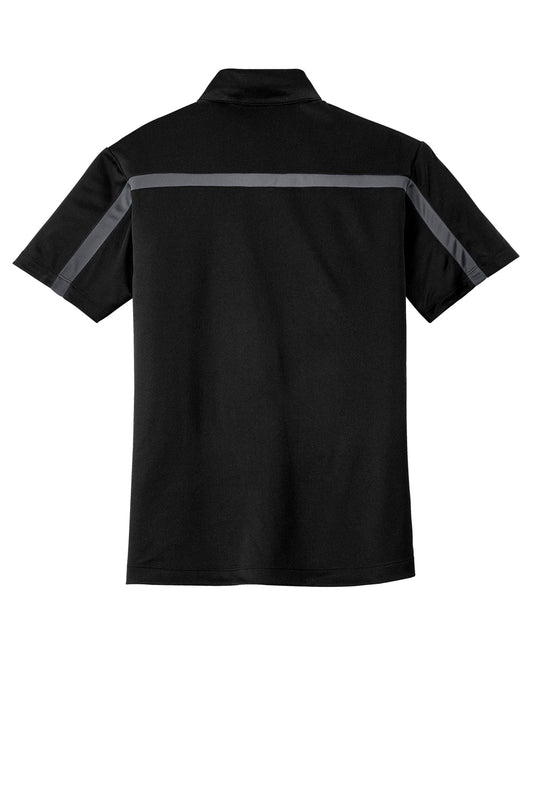 Rear View of Black/Steel Gy Port Authority Silk Touch Performance Colorblock Stripe Polo. K547