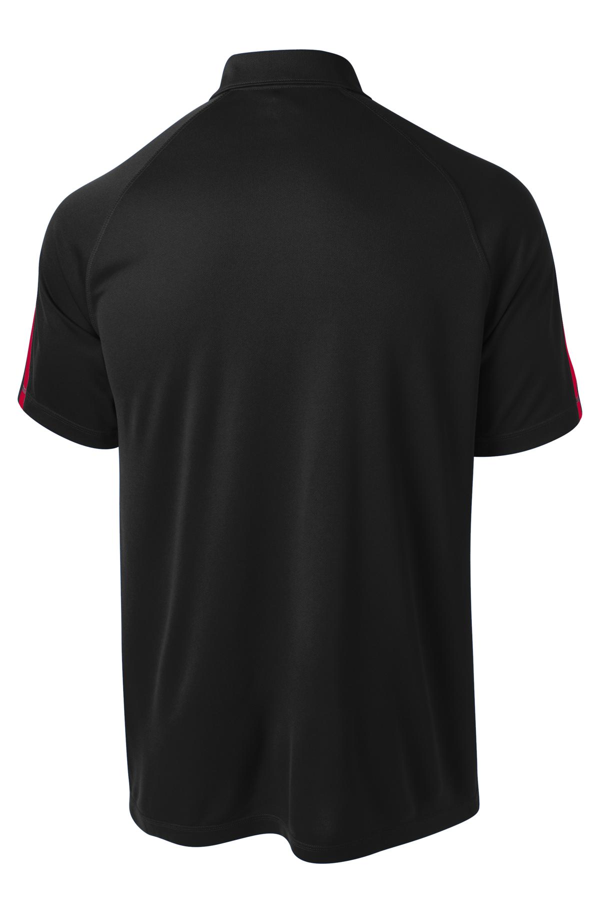 Rear View of Black/Tr Red Sport-Tek PosiCharge Micro-Mesh Colorblock Polo. ST685