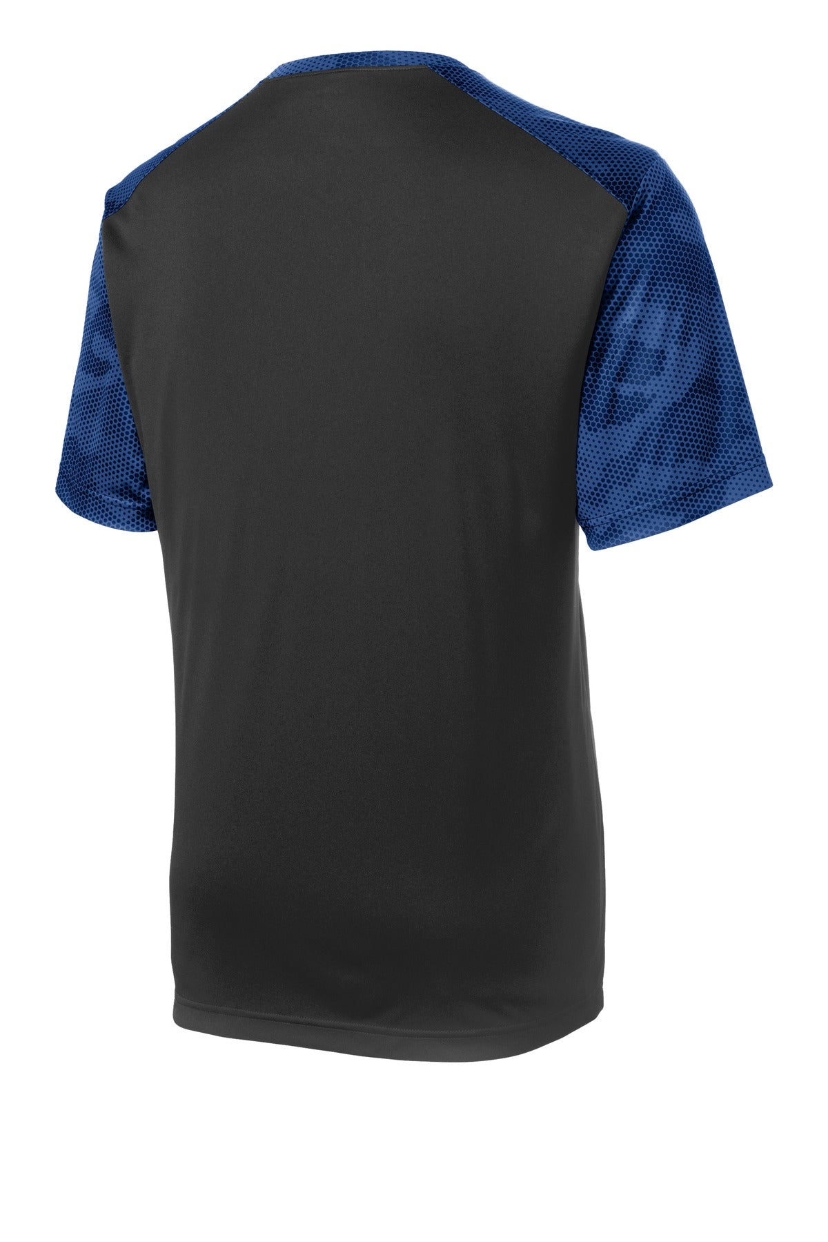 Rear View of Black/True Roy Sport-Tek CamoHex Colorblock Tee. ST371