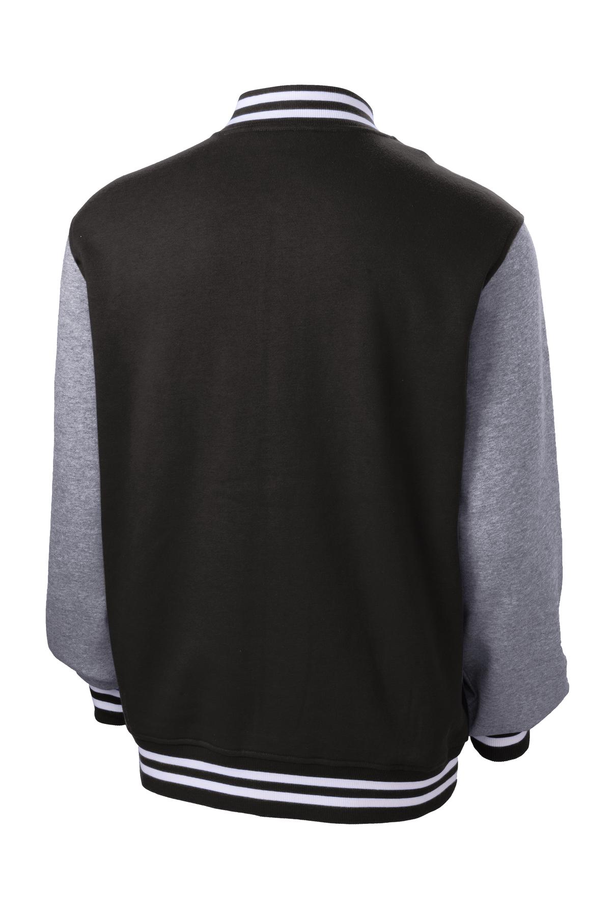 Rear View of Black/Vnt Hthr Sport-Tek Fleece Letterman Jacket. ST270