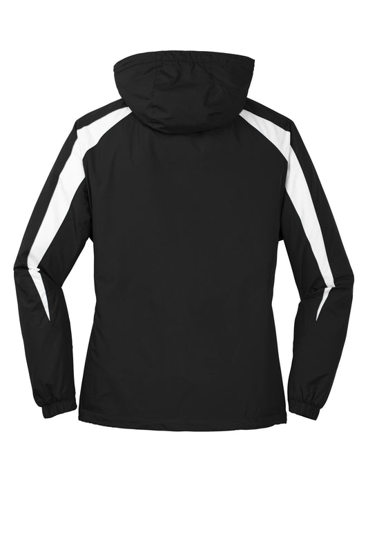 Rear View of Black/White Sport-Tek Fleece-Lined Colorblock Jacket. JST81
