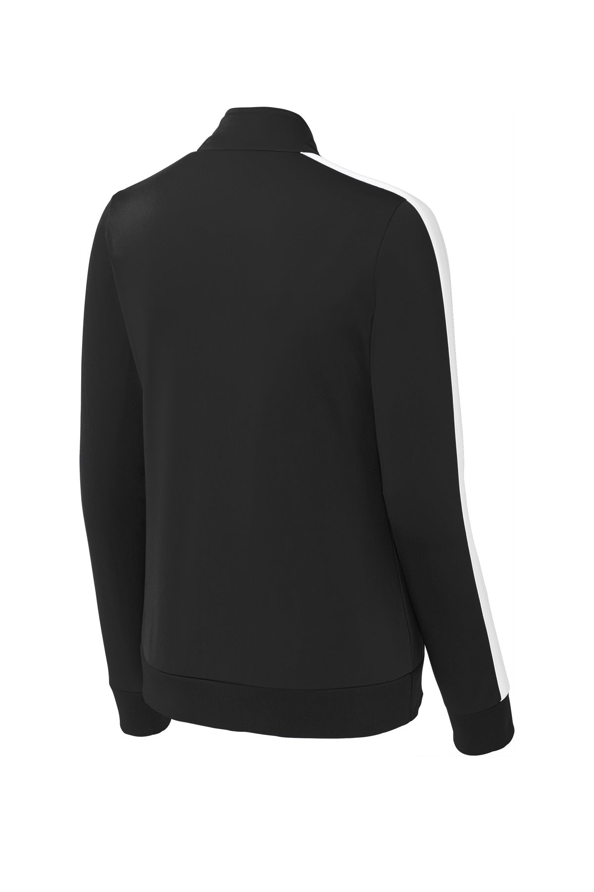 Rear View of Black/White Sport-Tek Ladies Tricot Sleeve Stripe Track Jacket. LST94