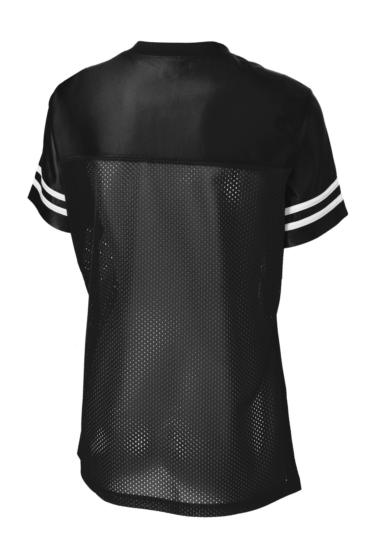 Rear View of Black/White Sport-Tek Women's PosiCharge Replica Jersey. LST307