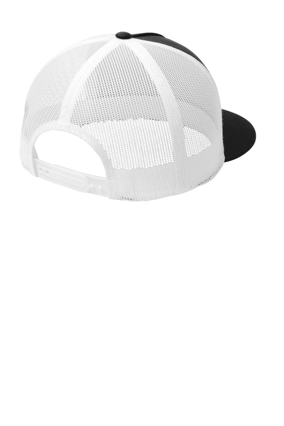 Rear View of Black/White Sport-Tek YP Classics 5-Panel Classic Trucker Mesh Back Cap. STC38