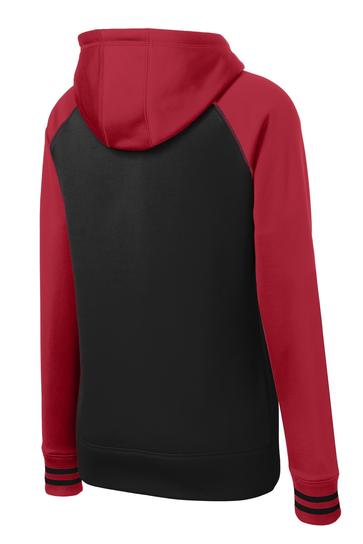Rear View of Blk/Deep Red Sport-Tek Women's Sport-Wick Varsity Fleece Full-Zip Hooded Jacket. LST236