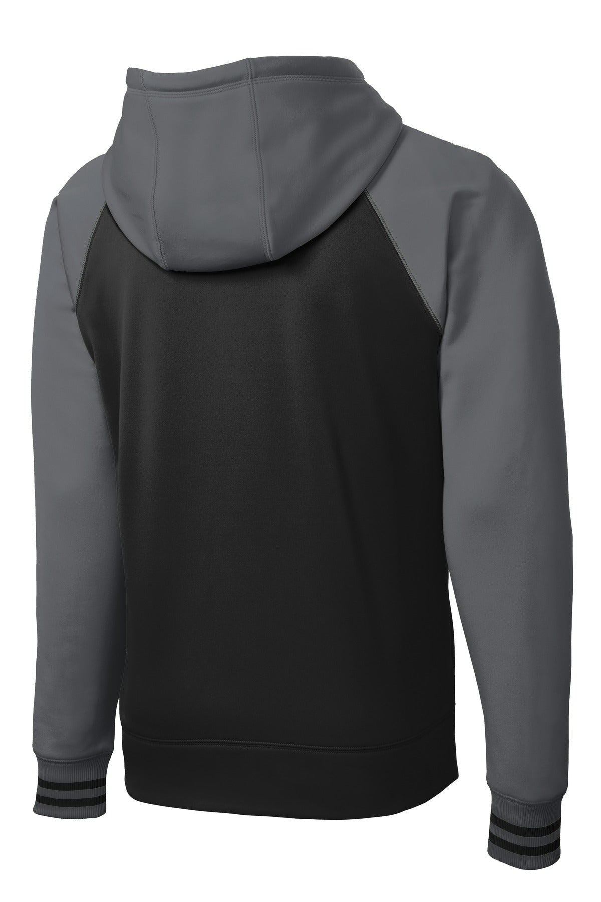 Rear View of Blk/Dk Smk Gry Sport-Tek Sport-Wick Varsity Fleece Full-Zip Hooded Jacket. ST236