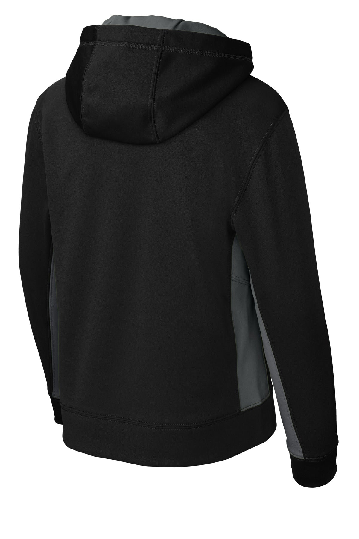 Rear View of Blk/Dk Smk Gry Sport-Tek Youth Sport-Wick Fleece Colorblock Hooded Pullover. YST235