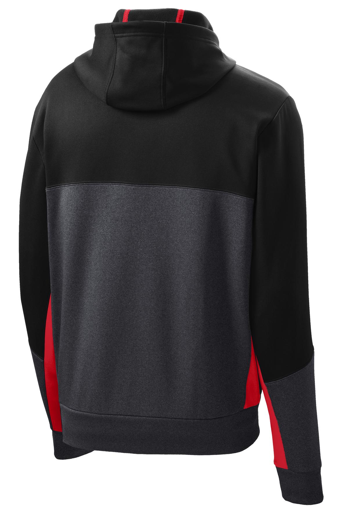 Rear View of Blk/Gph/Tr Red Sport-Tek Tech Fleece Colorblock Full-Zip Hooded Jacket. ST245