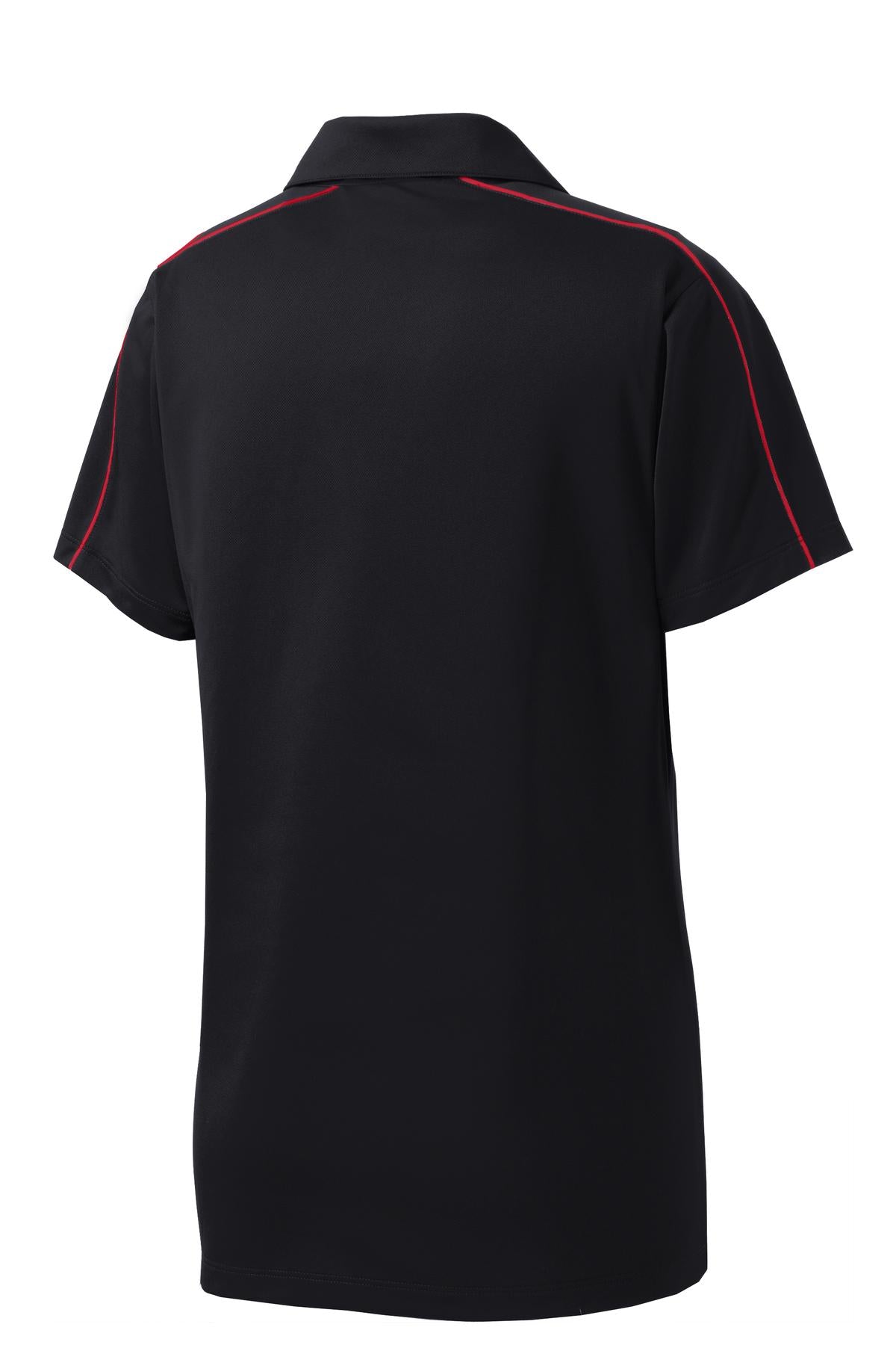 Rear View of Blk/True Red Sport-Tek Women's Micropique Sport-Wick Piped Polo. LST653