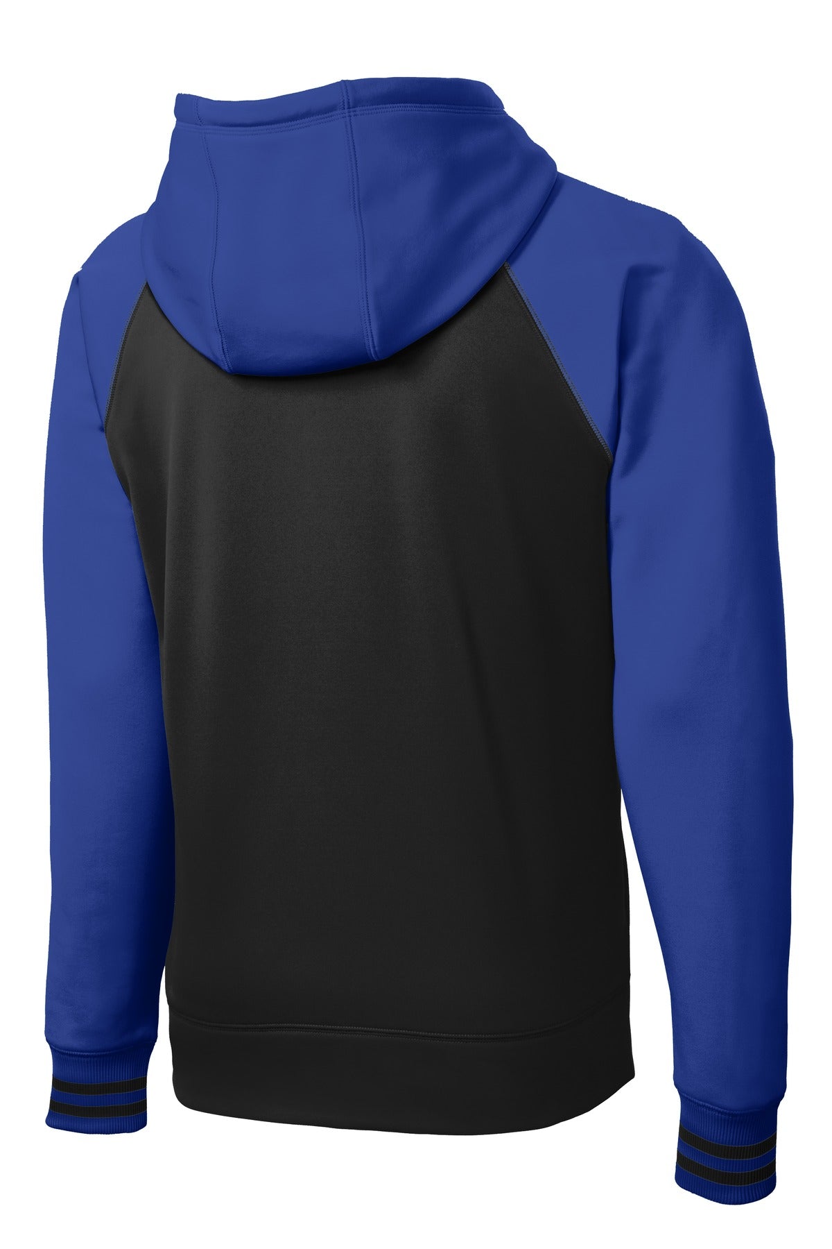 Rear View of Blk/True Royal Sport-Tek Sport-Wick Varsity Fleece Full-Zip Hooded Jacket. ST236