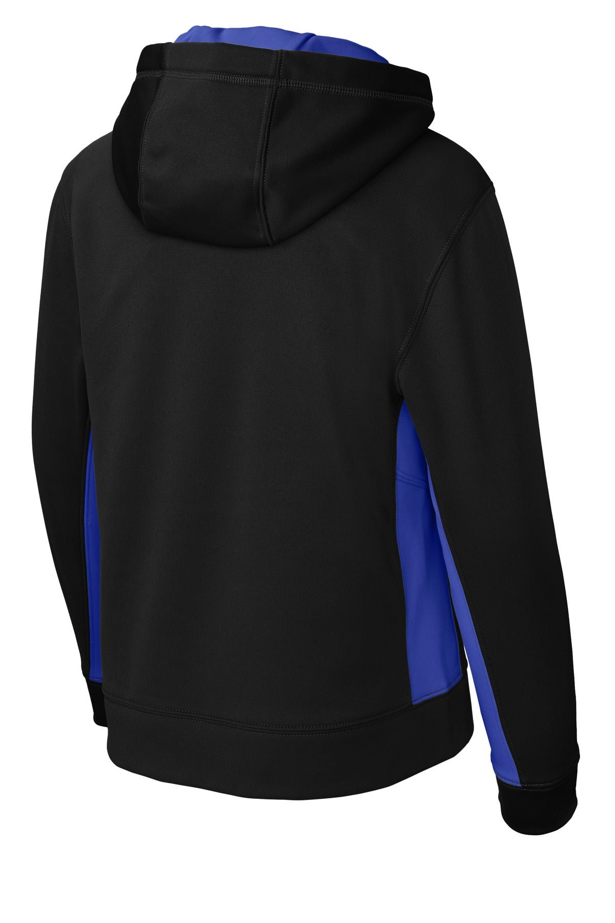 Rear View of Blk/True Royal Sport-Tek Youth Sport-Wick Fleece Colorblock Hooded Pullover. YST235