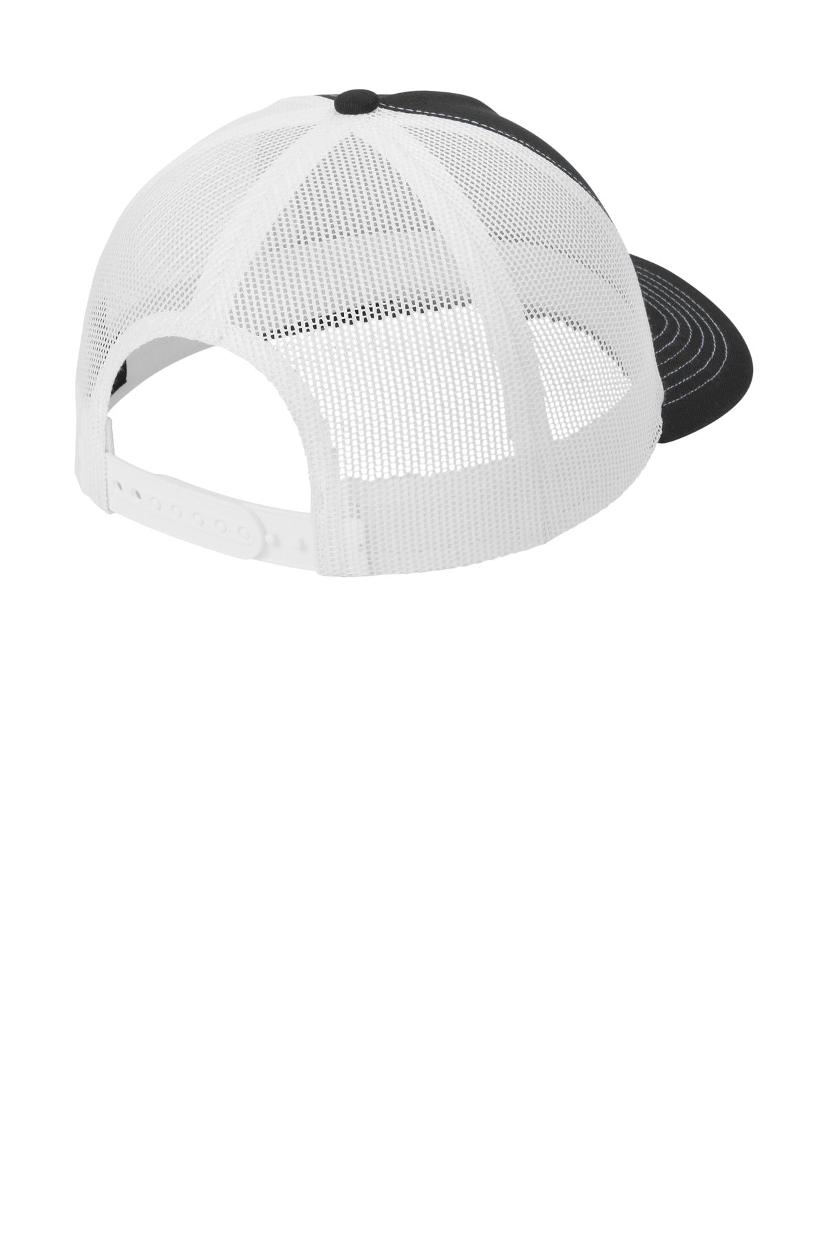 Rear View of Blk/White Port Authority Low-Profile Snapback 5-Panel Trucker Cap C115LP
