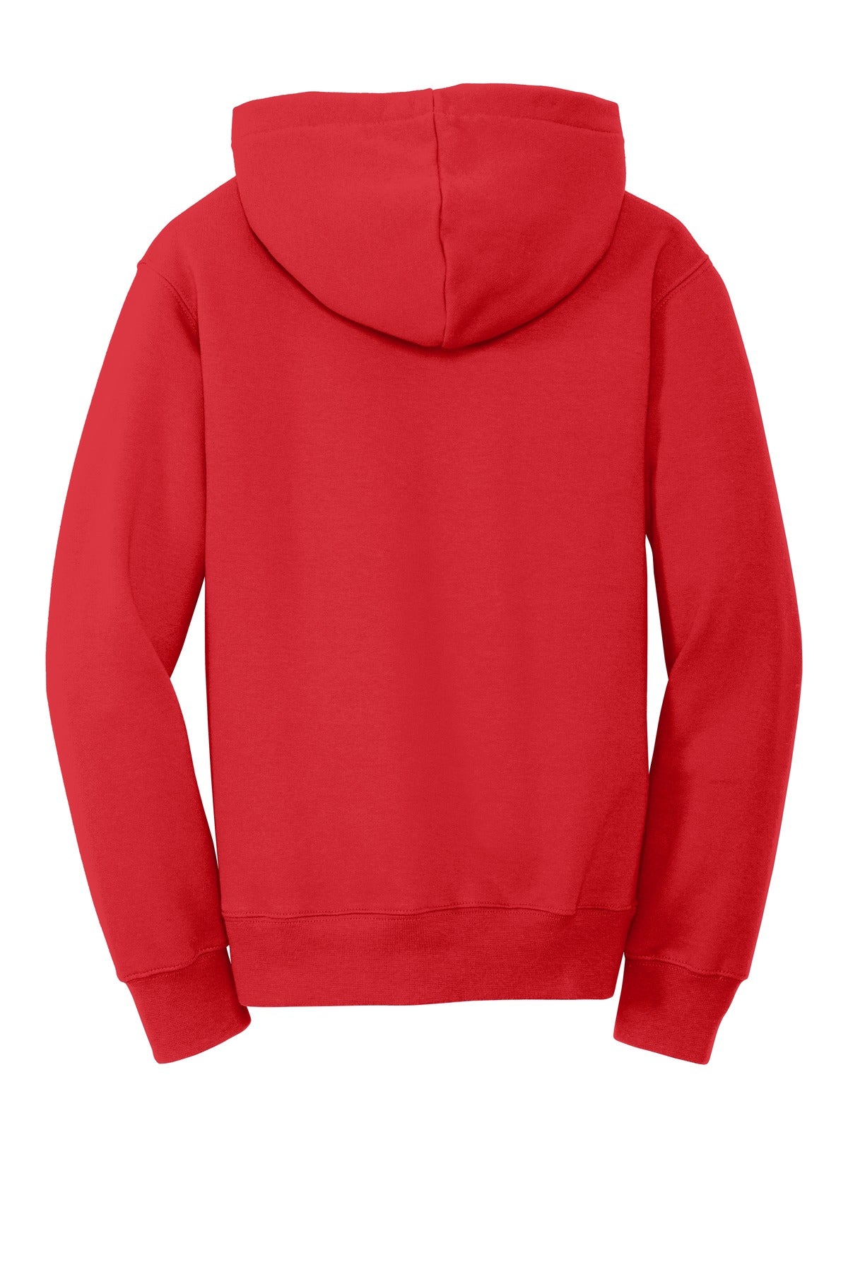 Rear View of Bright Red Port & Company Youth Fan Favorite Fleece Pullover Hooded Sweatshirt. PC850YH
