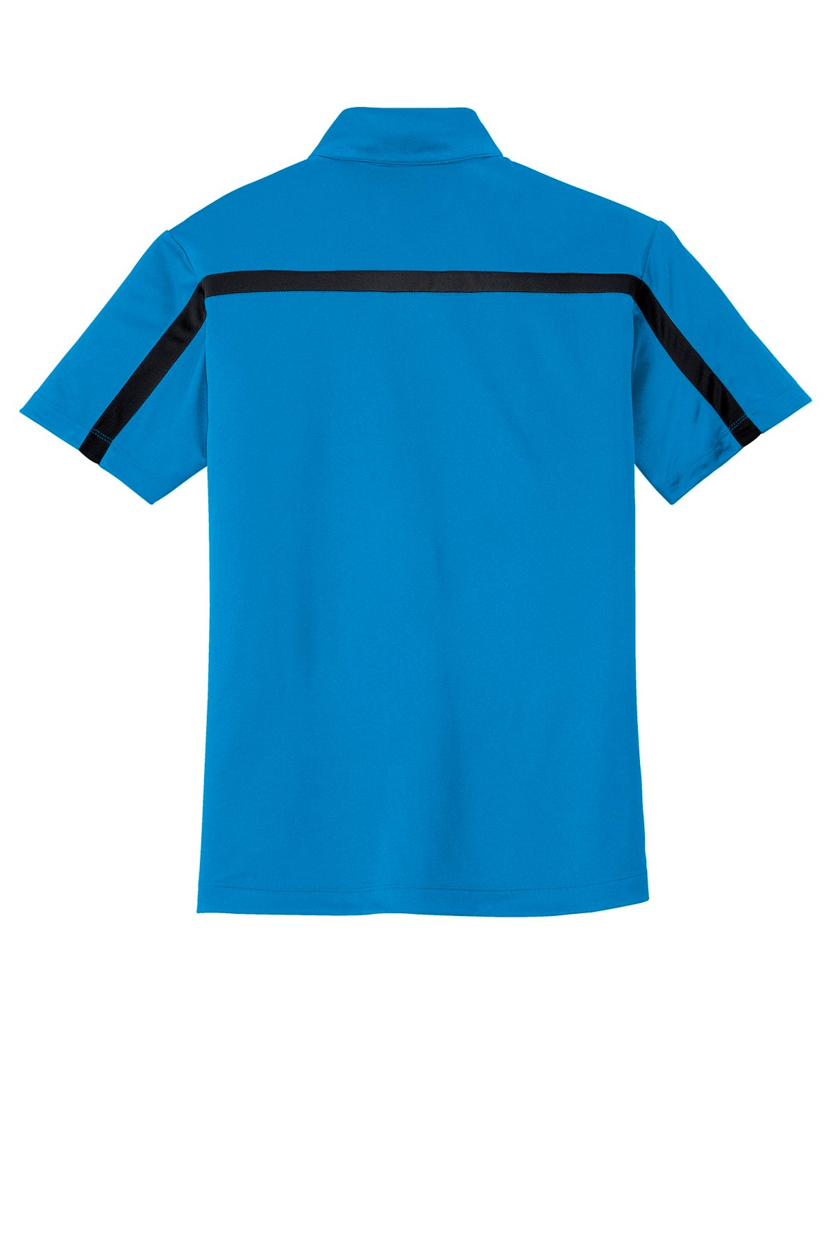 Rear View of BrilliantBl/Bk Port Authority Silk Touch Performance Colorblock Stripe Polo. K547