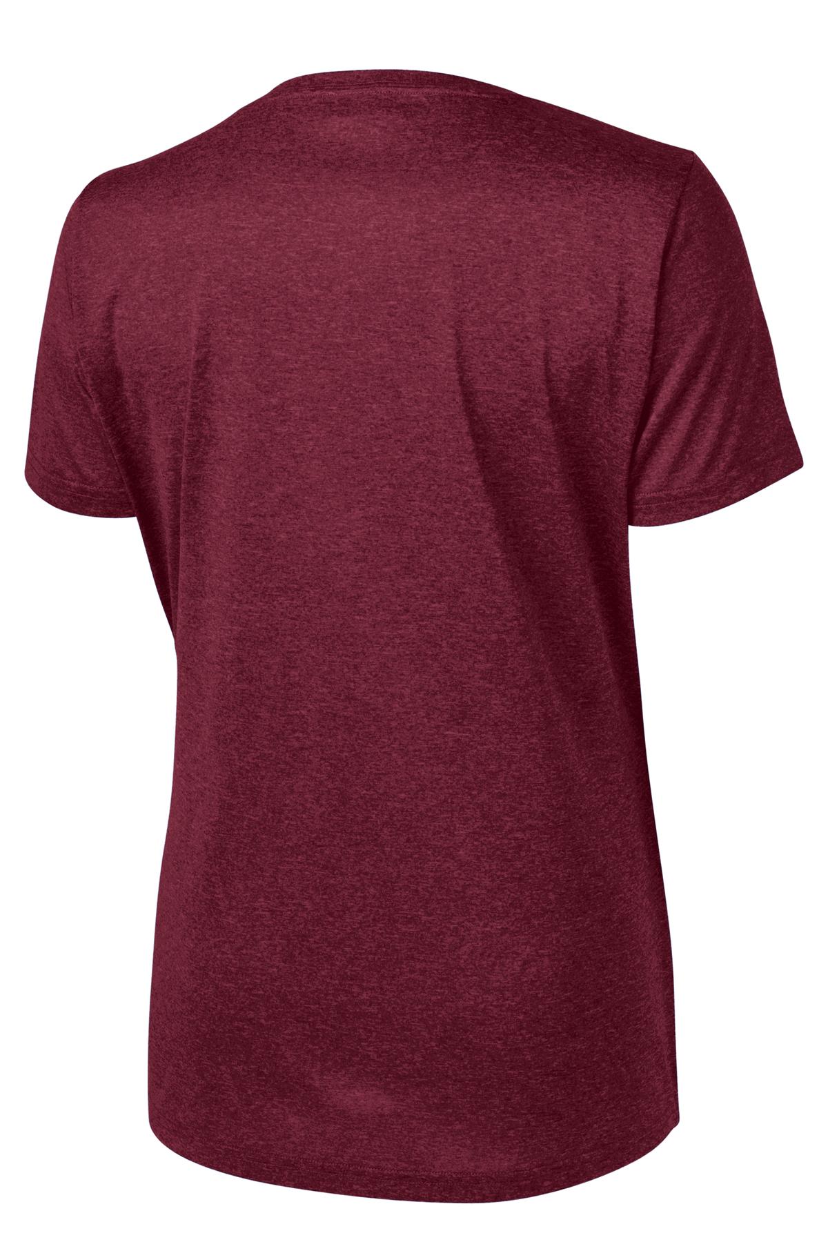 Rear View of Cardinal Hthr Sport-Tek Women's Heather Contender Scoop Neck Tee. LST360