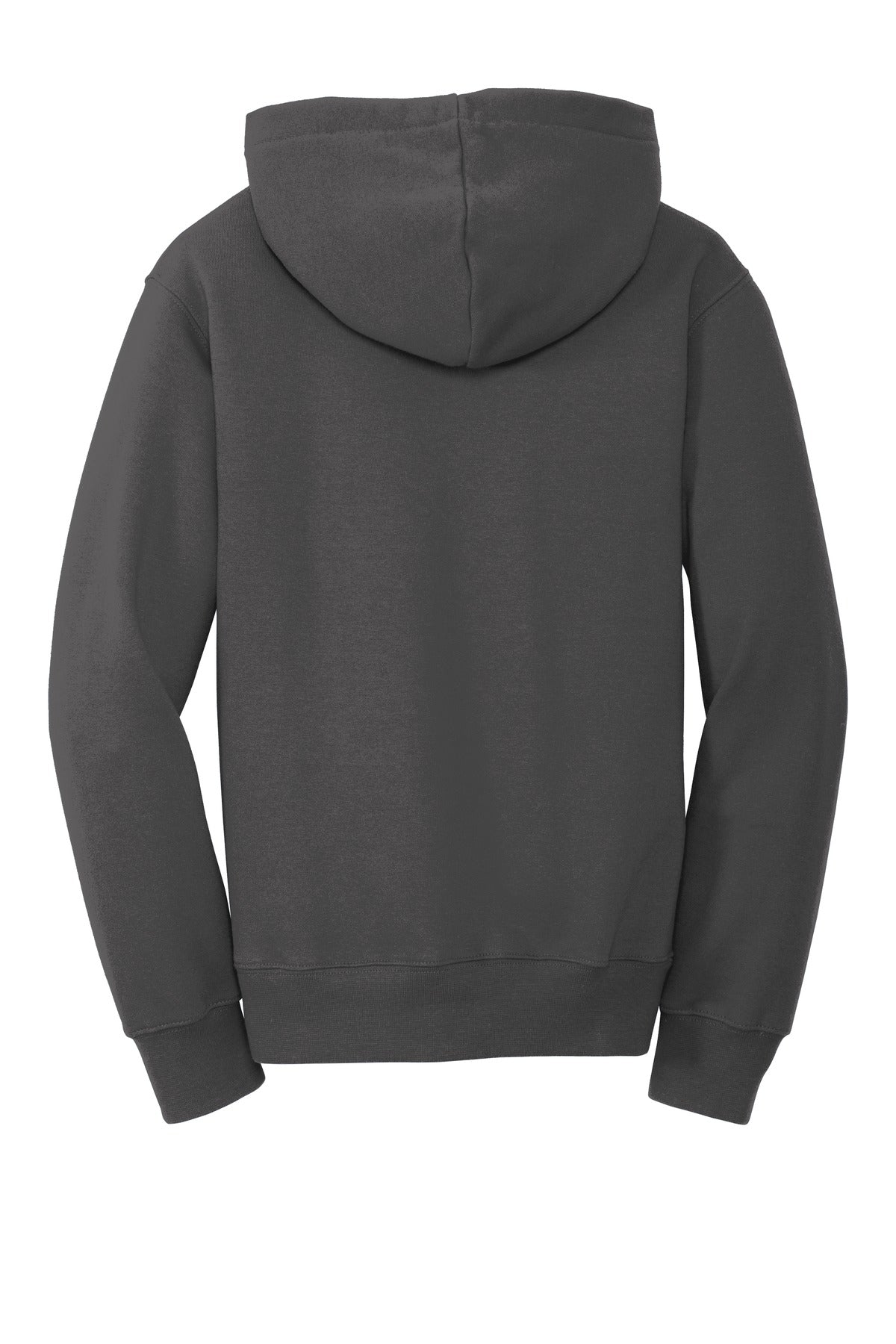 Rear View of Charcoal Port & Company Youth Fan Favorite Fleece Pullover Hooded Sweatshirt. PC850YH