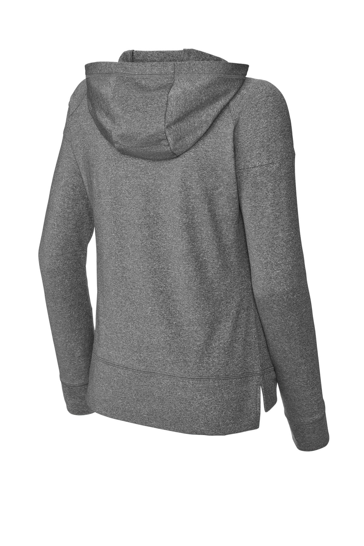 Rear View of CharGreyHt Sport-Tek Women's Sport-Wick Stretch 1/2-Zip Hoodie LST856