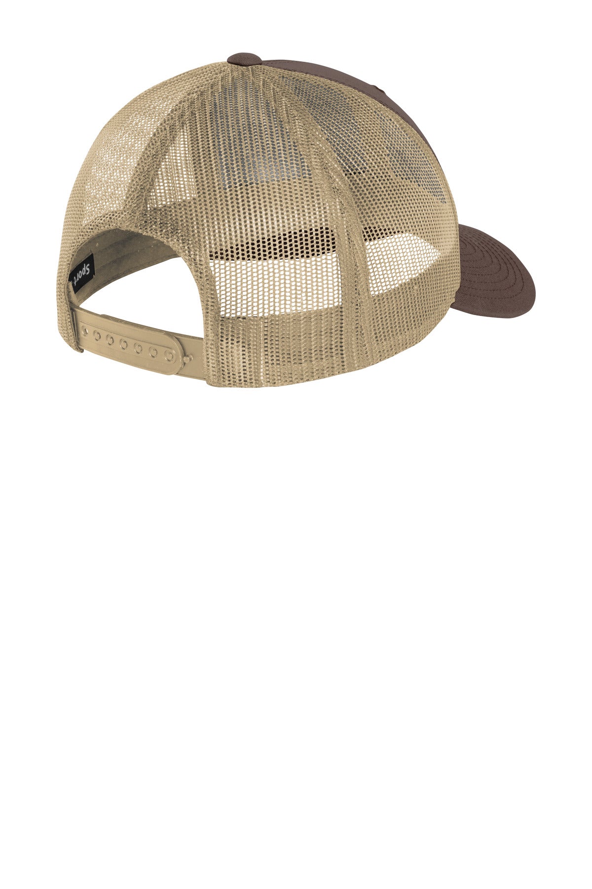 Rear View of Choc Brn/Khaki Sport-Tek YP Classics Retro Trucker Cap. STC39