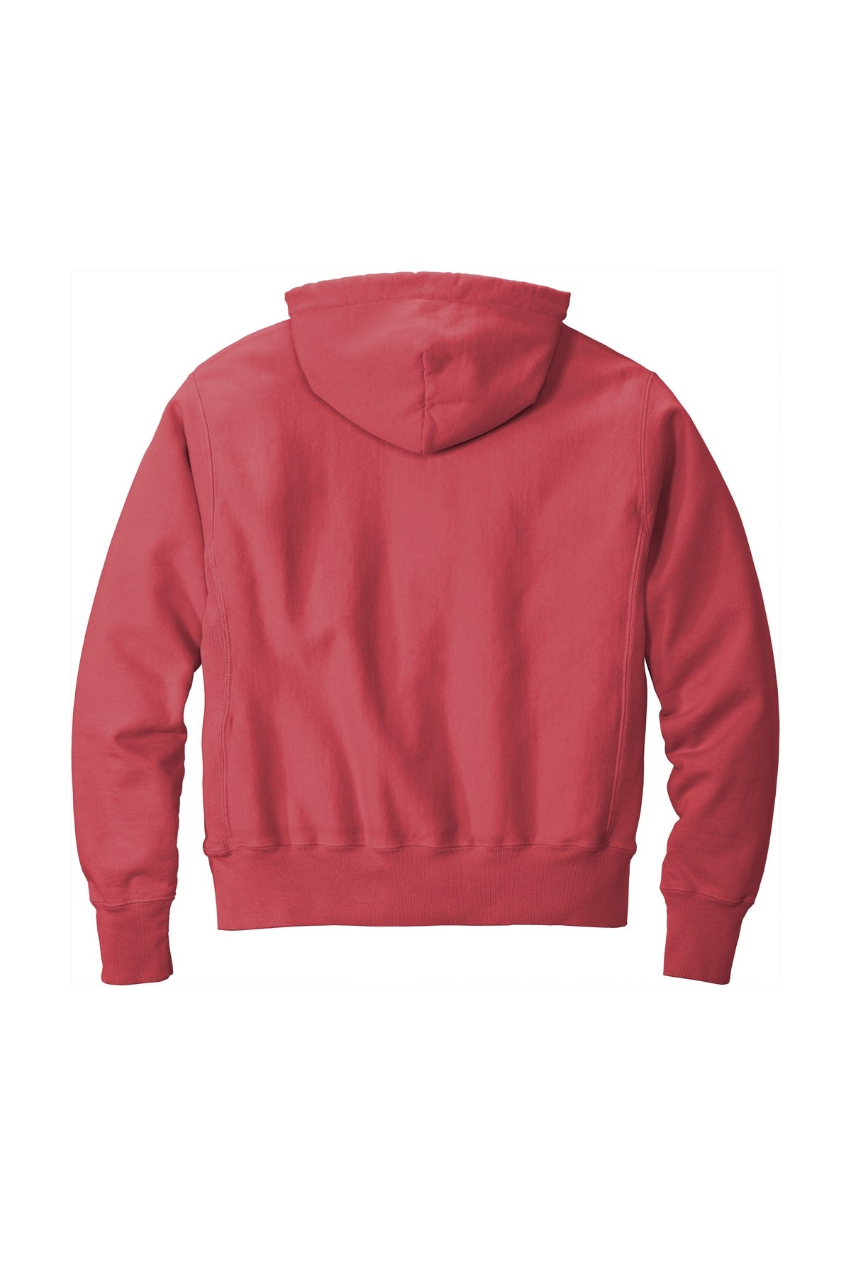 Rear View of Crimson Champion Reverse Weave Garment-Dyed Hooded Sweatshirt. GDS101