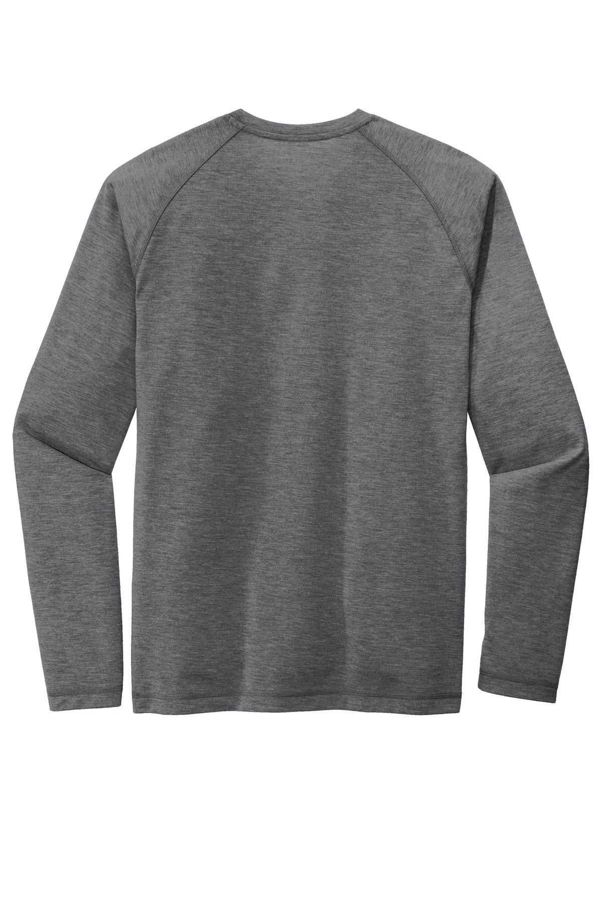 Rear View of Dark Grey Hthr Sport-Tek PosiCharge Long Sleeve Tri-Blend Wicking Raglan Tee ST400LS