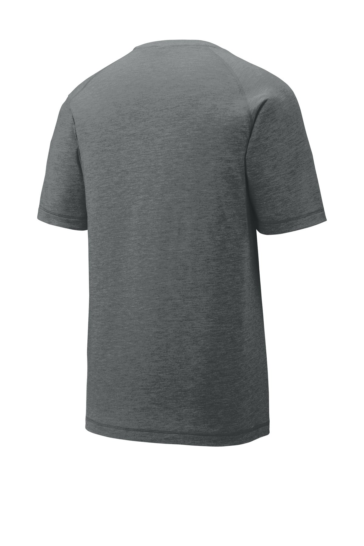 Rear View of Dark Grey Hthr Sport-Tek PosiCharge Tri-Blend Wicking Raglan Tee. ST400