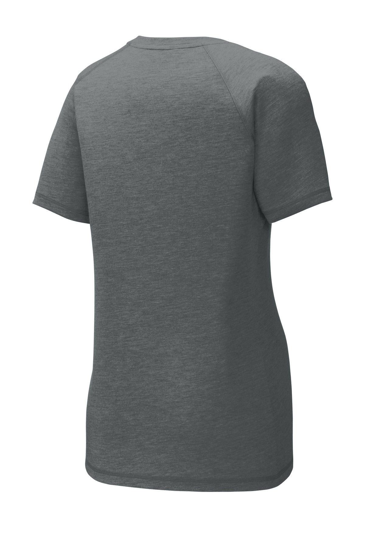 Rear View of Dark Grey Hthr Sport-Tek Women's PosiCharge Tri-Blend Wicking Scoop Neck Raglan Tee. LST400