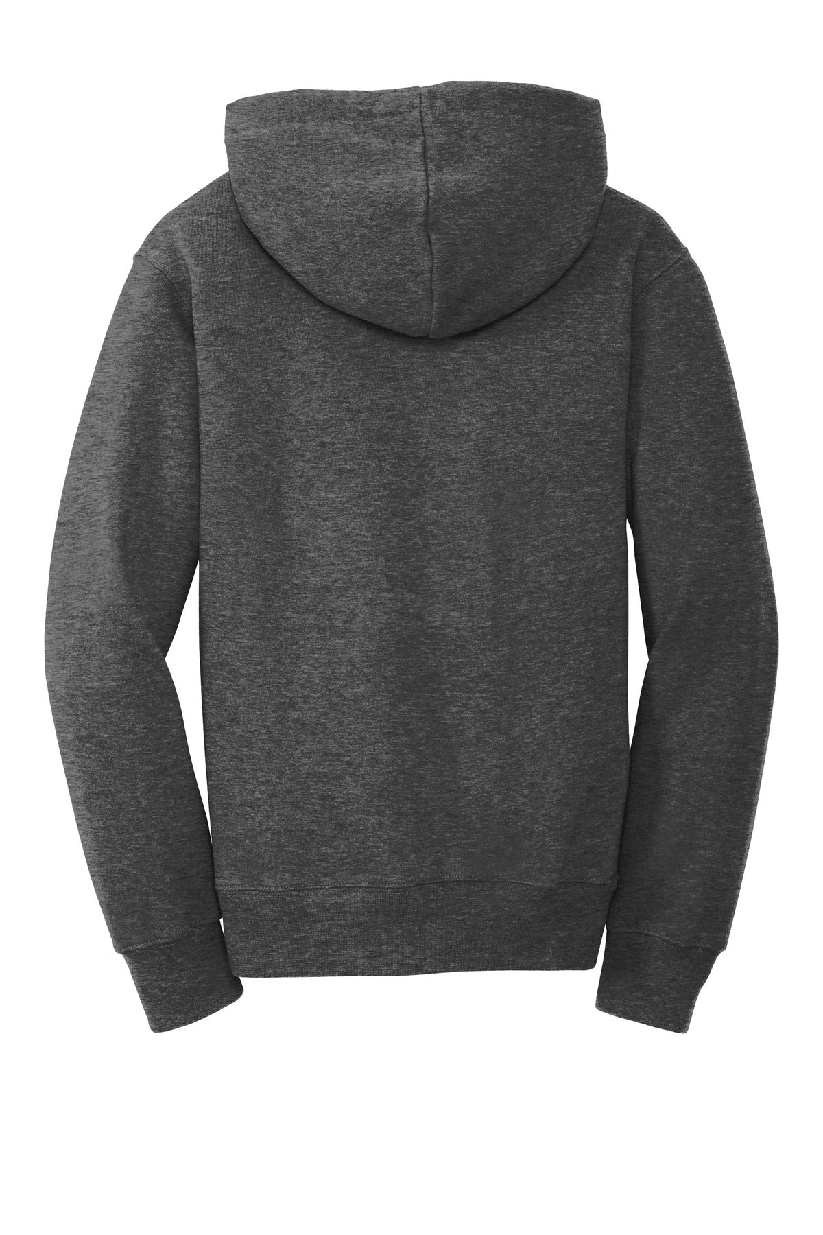 Rear View of Dark Hthr Grey Port & Company Youth Fan Favorite Fleece Pullover Hooded Sweatshirt. PC850YH