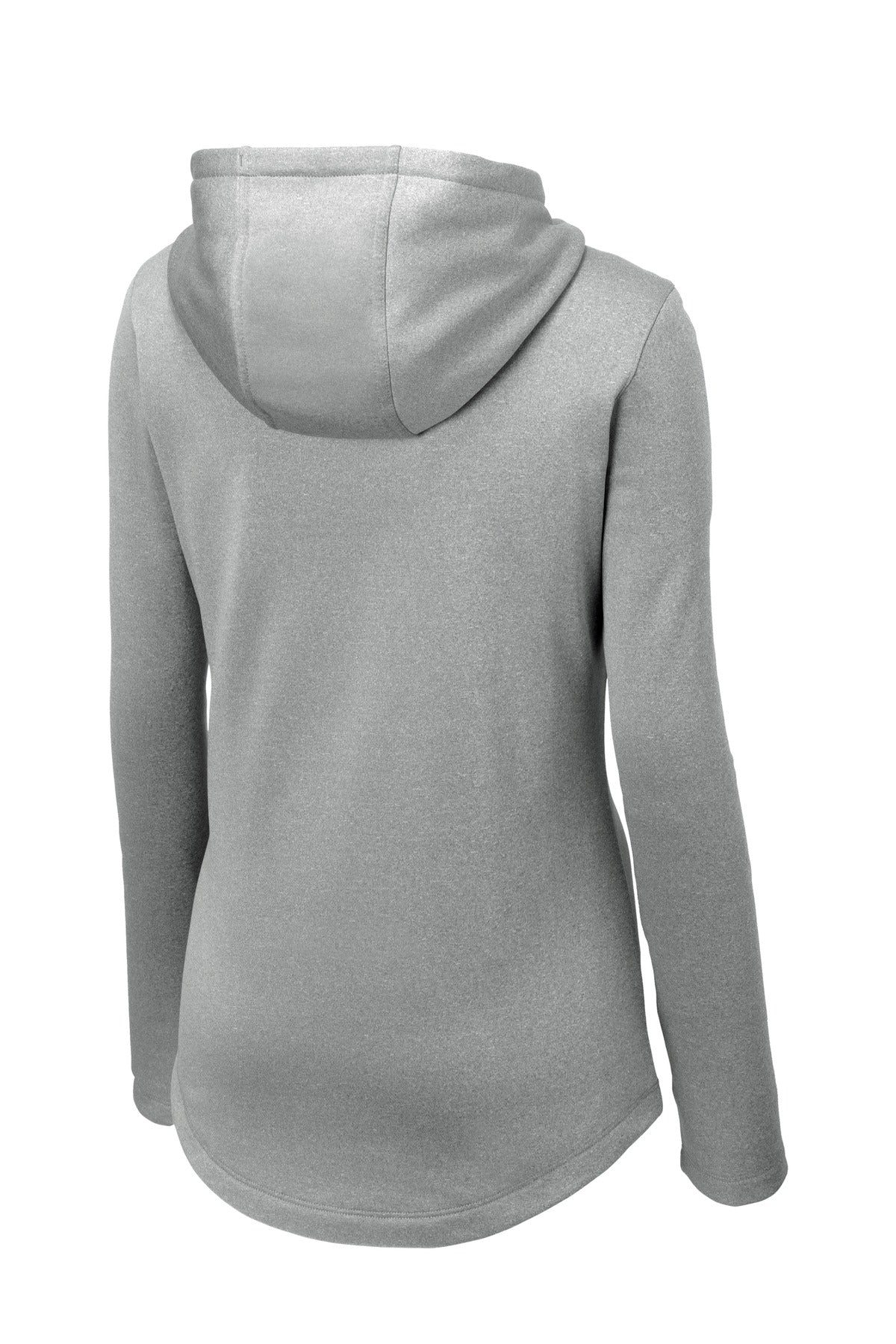 Rear View of Dark Silver He Sport-Tek Women's PosiCharge Sport-Wick Heather Fleece Hooded Pullover. LST264