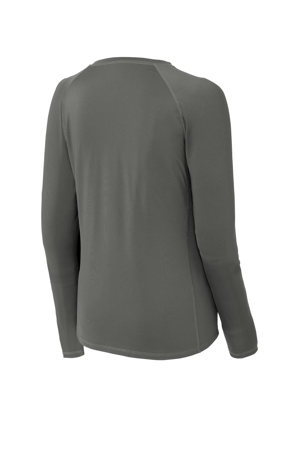 Rear View of Dark Smoke Gry Sport-Tek Women's Long Sleeve Rashguard Tee. LST470LS