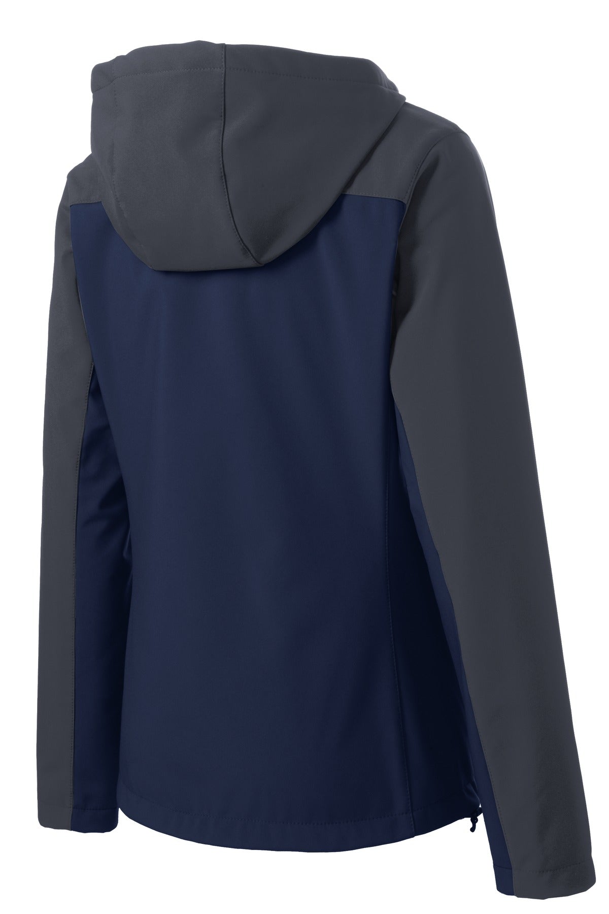 Rear View of DB Nvy/Bat Gry Port Authority Women's Hooded Core Soft Shell Jacket. L335