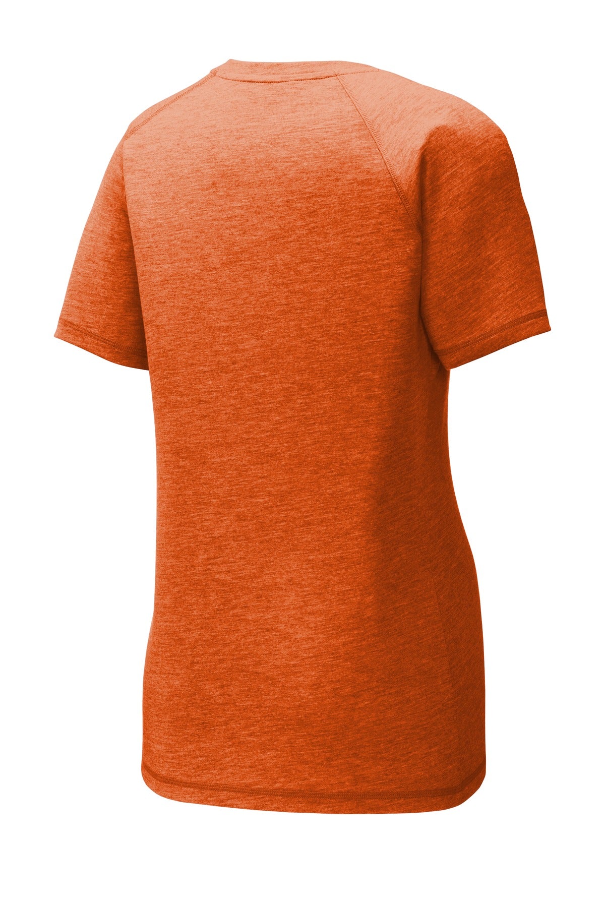Rear View of Deep Orng Hthr Sport-Tek Women's PosiCharge Tri-Blend Wicking Scoop Neck Raglan Tee. LST400