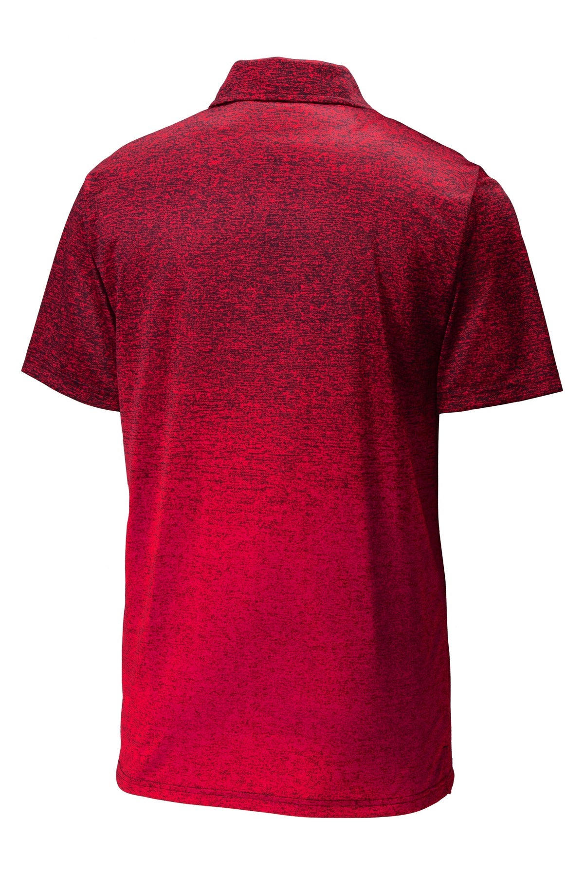 Rear View of Deep Red/Black Sport-Tek Ombre Heather Polo. ST671