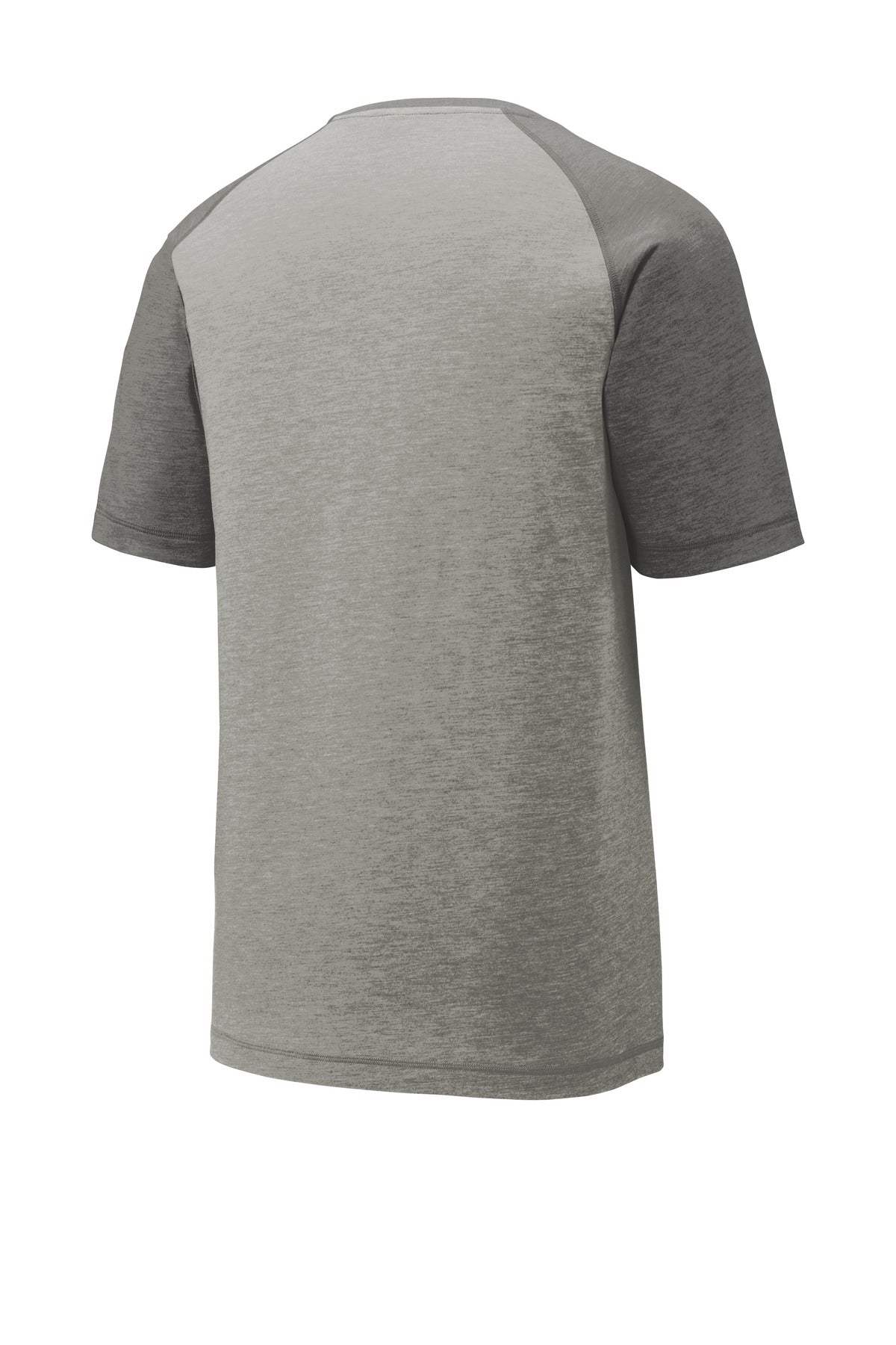 Rear View of Dk Gry He/LGH Sport-Tek PosiCharge Tri-Blend Wicking Raglan Tee. ST400