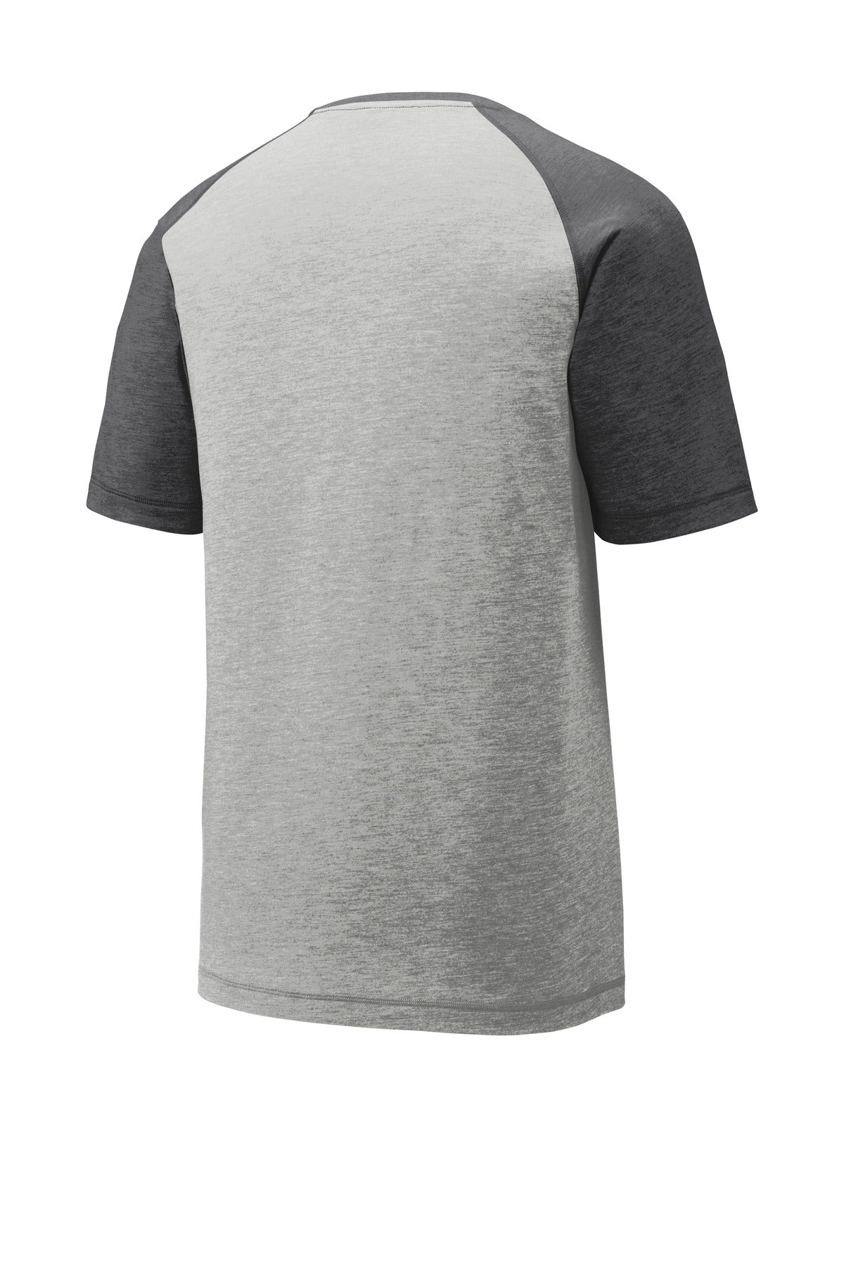 Rear View of Dk Gry He/LGH Sport-Tek PosiCharge Tri-Blend Wicking Raglan Tee. ST400