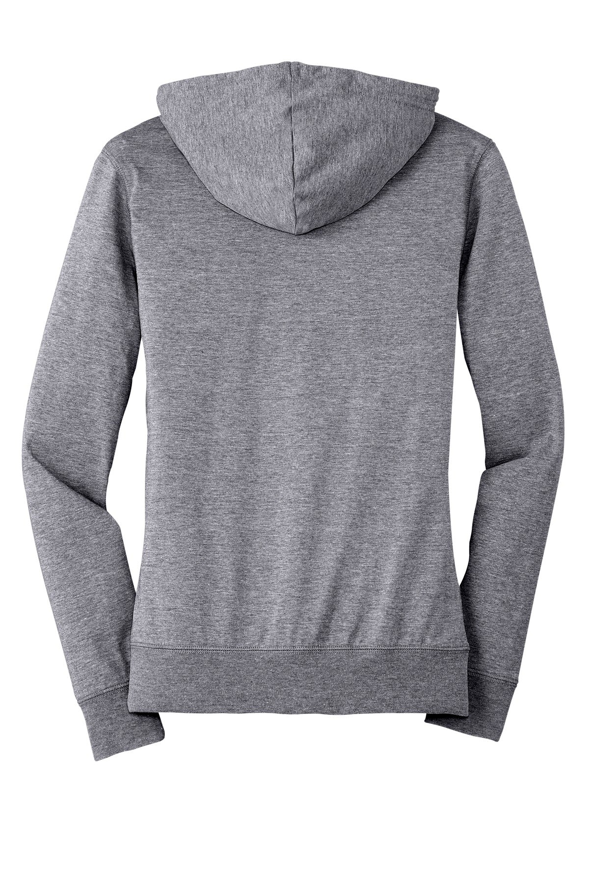 Rear View of Dk Hthr Grey District Women's Fitted Jersey Full-Zip Hoodie. DT2100