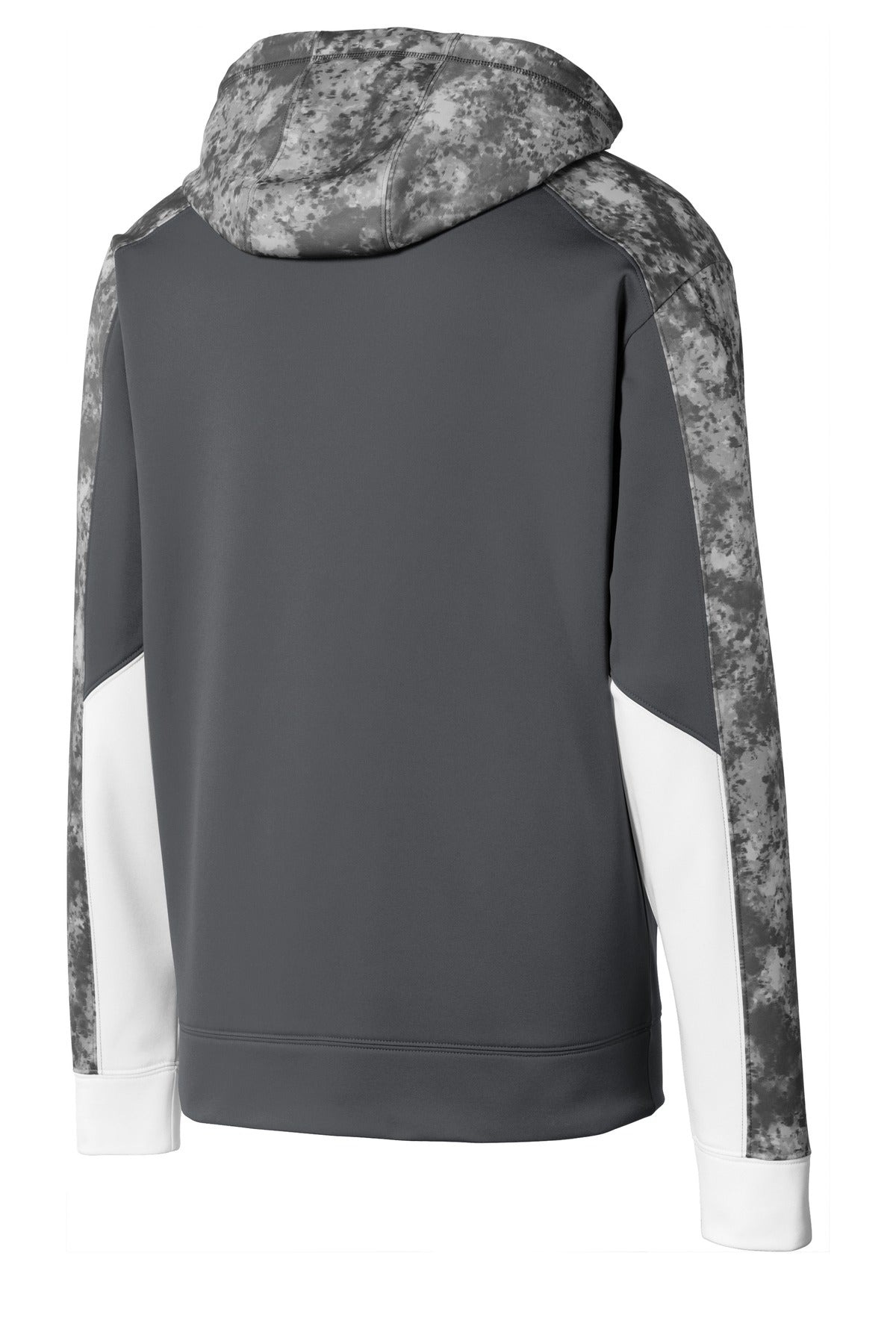 Rear View of Dk Sm Gy/DS Gy Sport-Tek Youth Sport-Wick Mineral Freeze Fleece Colorblock Hooded Pullover. YST231