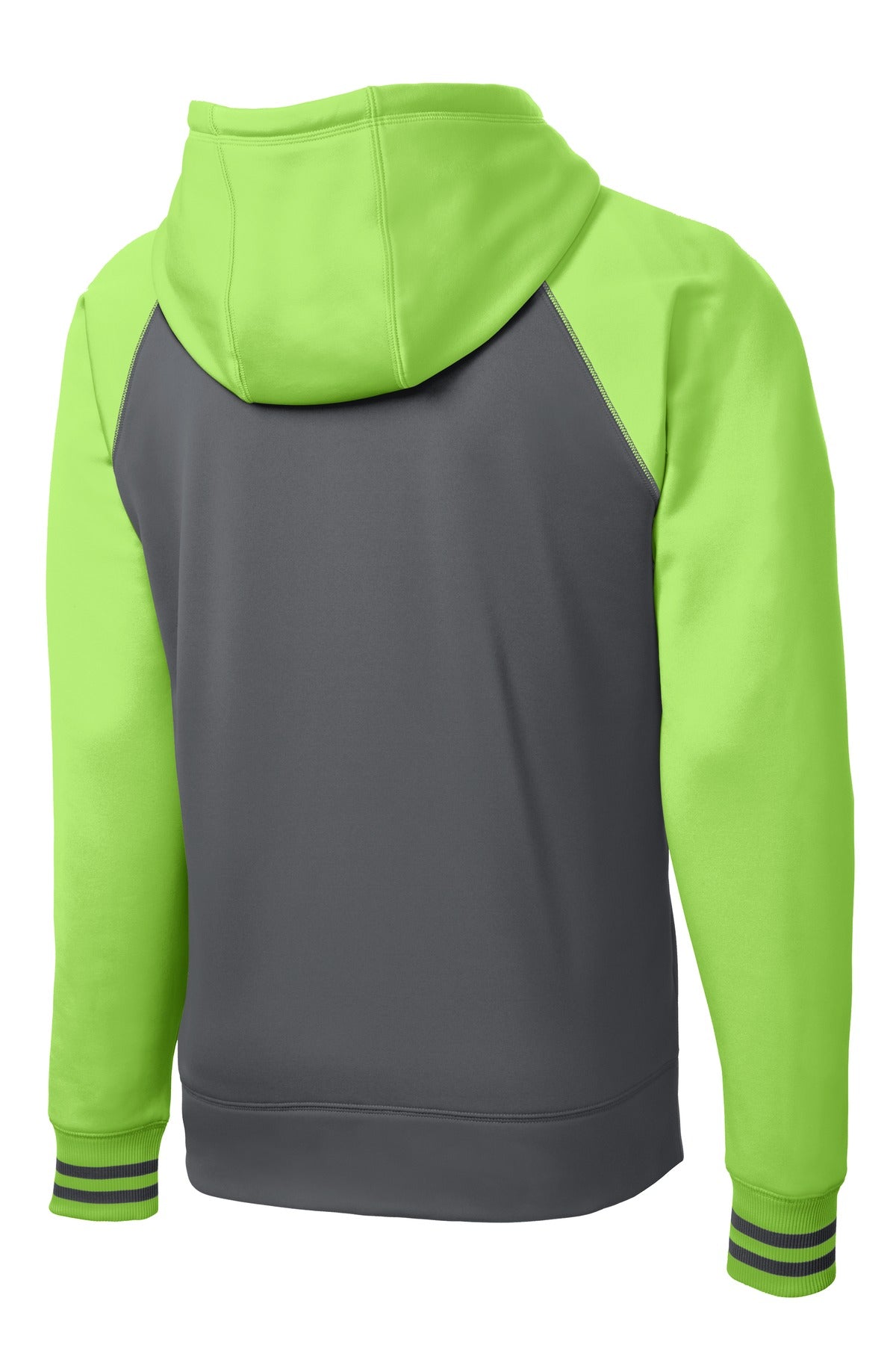 Rear View of Dk Smk Gry/Lim Sport-Tek Sport-Wick Varsity Fleece Full-Zip Hooded Jacket. ST236
