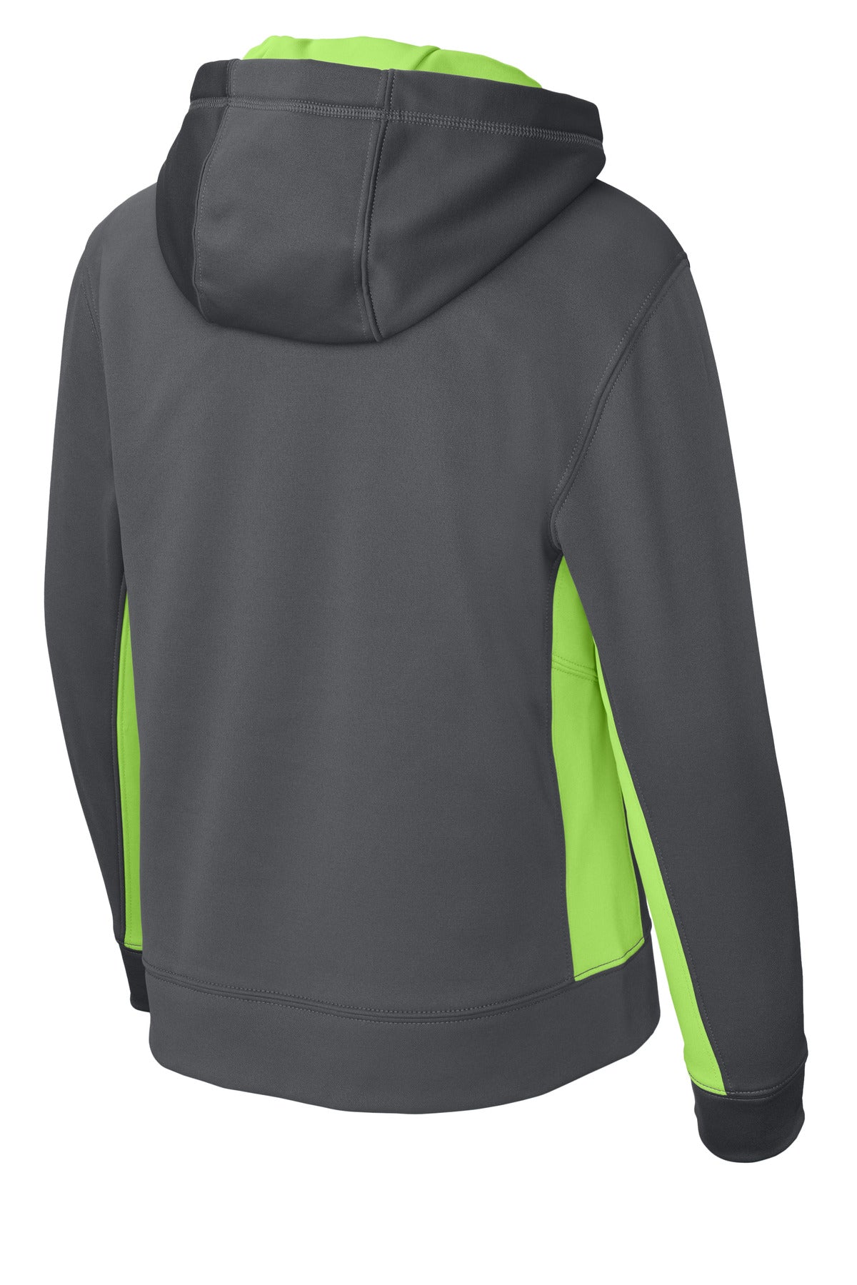 Rear View of Dk Smk Gry/Lim Sport-Tek Youth Sport-Wick Fleece Colorblock Hooded Pullover. YST235